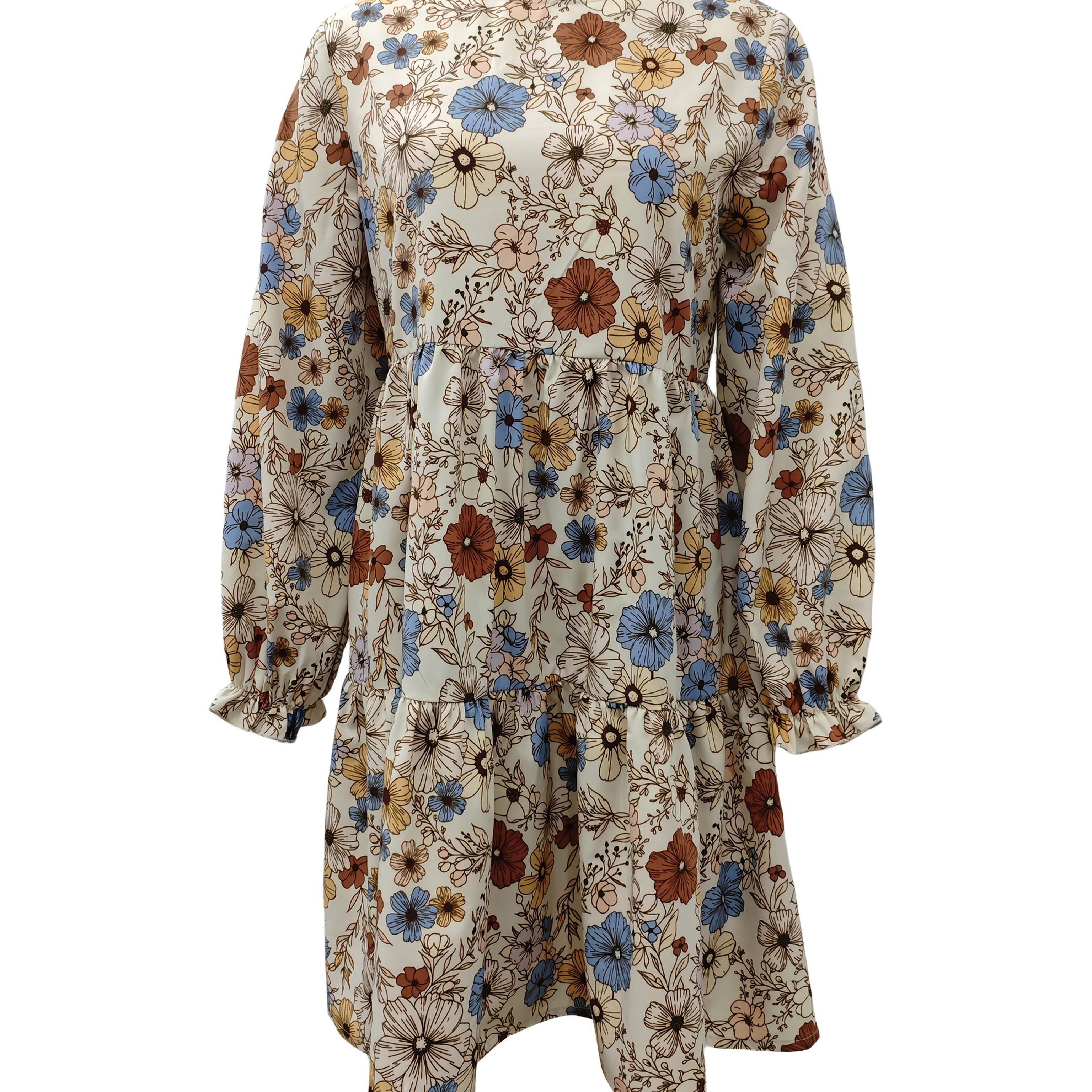 

1pc Elegant Floral Print Dress For Women, Polyester Round Neck Long Sleeve A-line Dress, Wear