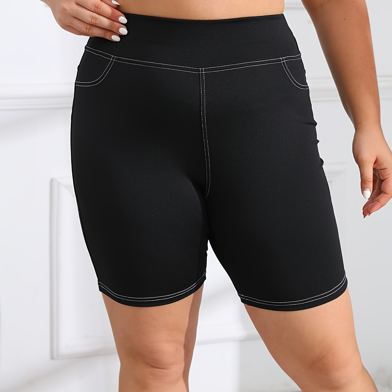 

Plus Size High-waisted Yoga Shorts For Women, Fitness Leggings, Moisture-wicking, Breathable, And Stretchy, Denim Pattern