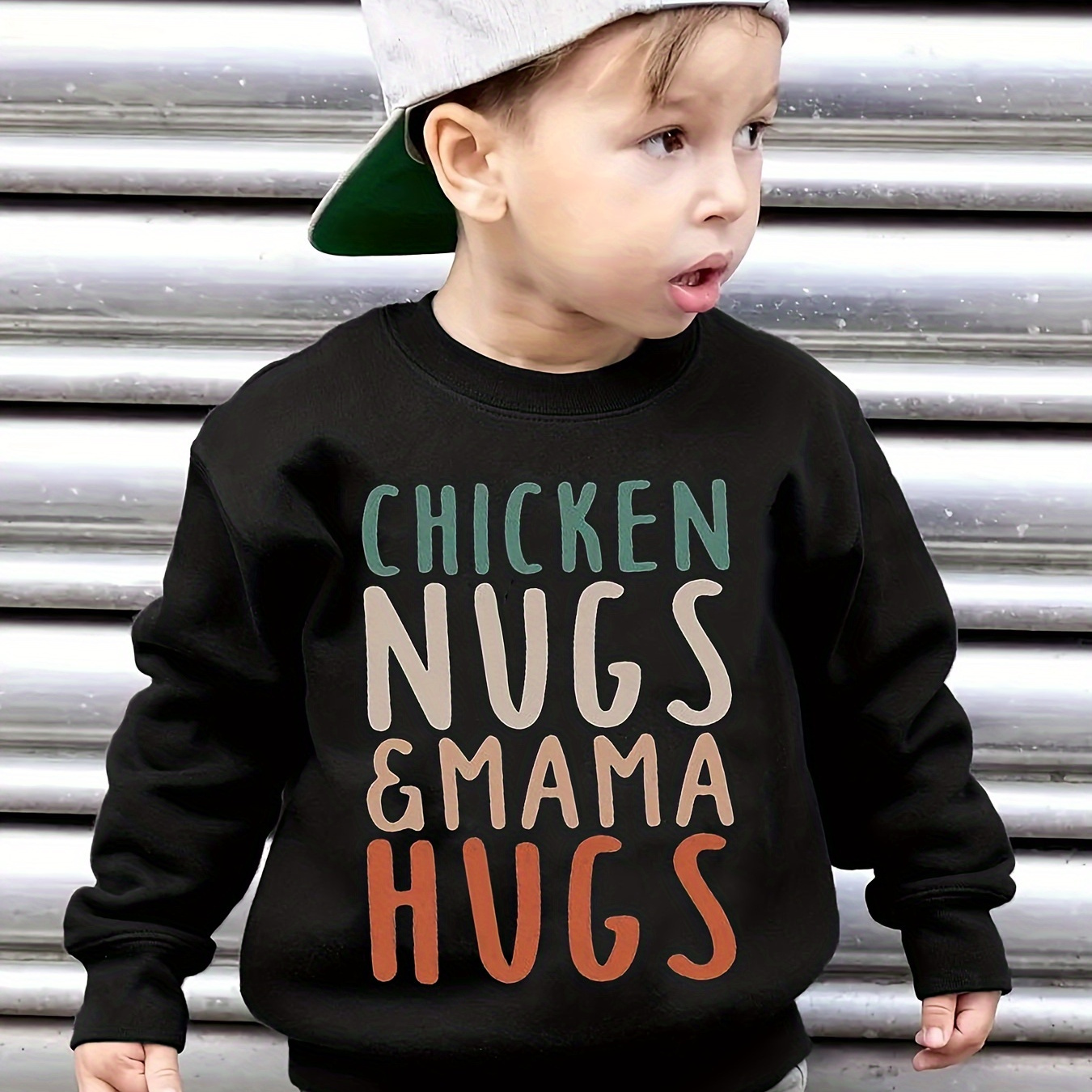 

Boys' Casual Crewneck Sweatshirt With Chicken Nuggets & Mama Hugs Print, Polyester Knit Fabric, Regular Fit, Alphabet Pattern, Fall/