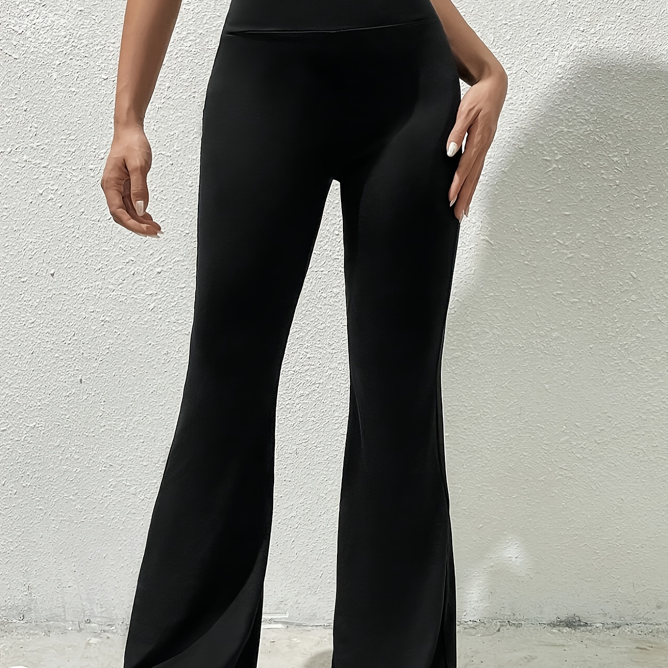 

1pc Pantalon évasé taille haute pour femme, du ventre, mélange polyester élasthanne, couleur unie, toutes , adulte, tissu tricoté 180g/㎡