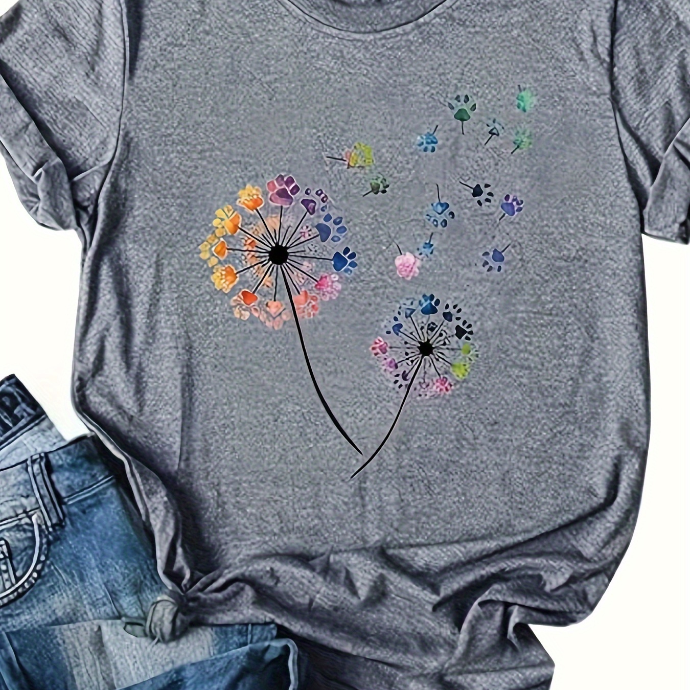 

Paw Dandelion Print Crew Neck T-shirt, Casual Short Sleeve Top For Spring & Summer, Women's Clothing