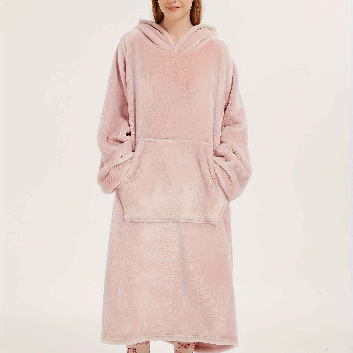 JENJON Lange hoodie voor dames, lange mouwen, flanel, fleece, hoodie, sweatshirt, tops, effen, losse pluche jurk, herfst en winter, grijs, XL