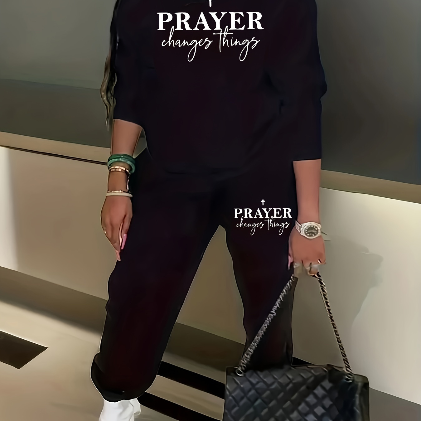 

Prayer Print Pantsuits, Casual Crew Neck Long Sleeve Sweatshirt & Fitted Bottom Pants Outfits, Women's Clothing