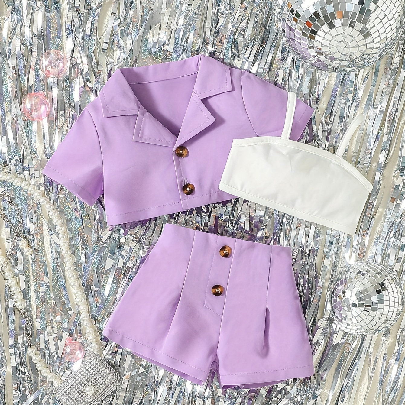 

Baby's Trendy 3pcs Outfit, Short Sleeve Blazer & Crop Cami Top & Button Decor Shorts Set, Toddler & Infant Girl's Clothes