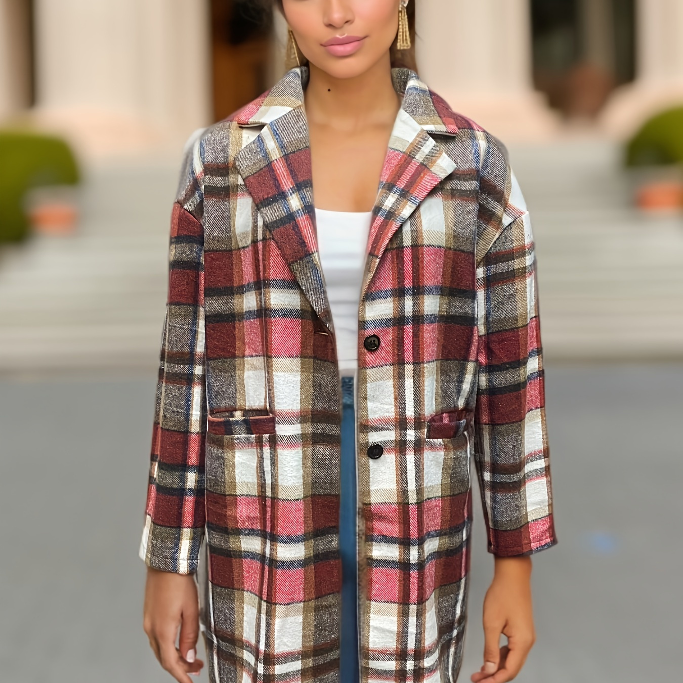 Plaid Print Long Length Coat, Casual Button Front Long Sleeve Outerwear, Women's Clothing