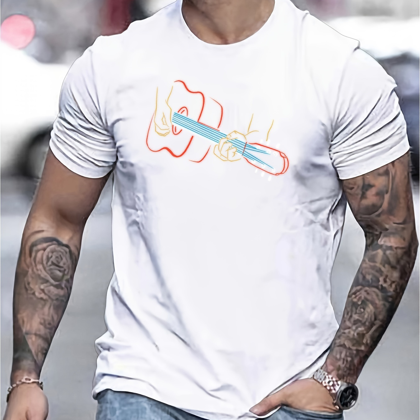 

Men's Guitar Print T-shirt, Casual Short Sleeve Crew Neck Tee, Men's Clothing For Outdoor