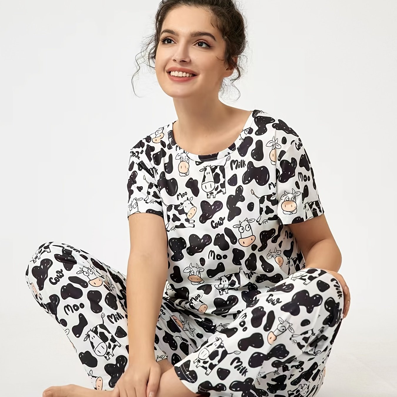 Casual Comfy Loose Pajamas Set Cute Cow Print Short Sleeve - Temu Canada