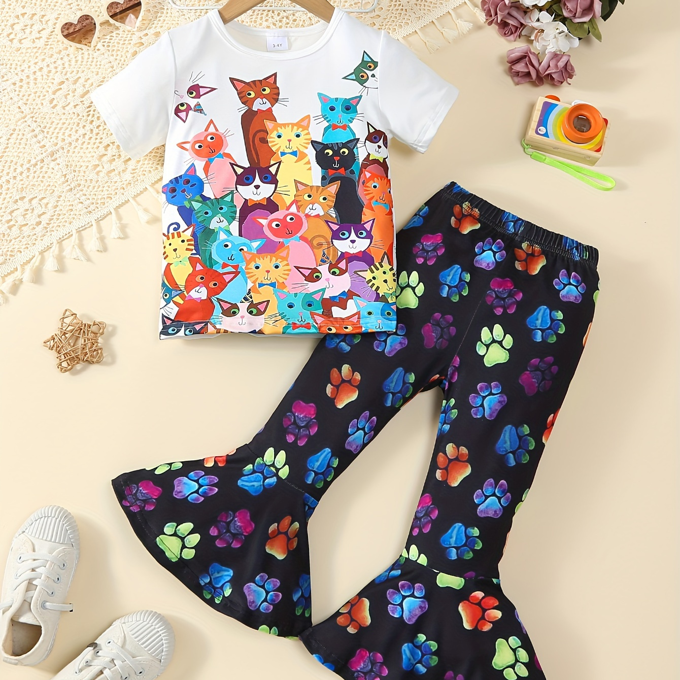 

Cute Kitty Themed Girls 2pcs Short Sleeve Graphic T-shirt + Bell Bottom Trousers Set, Party Casual Summer Clothes