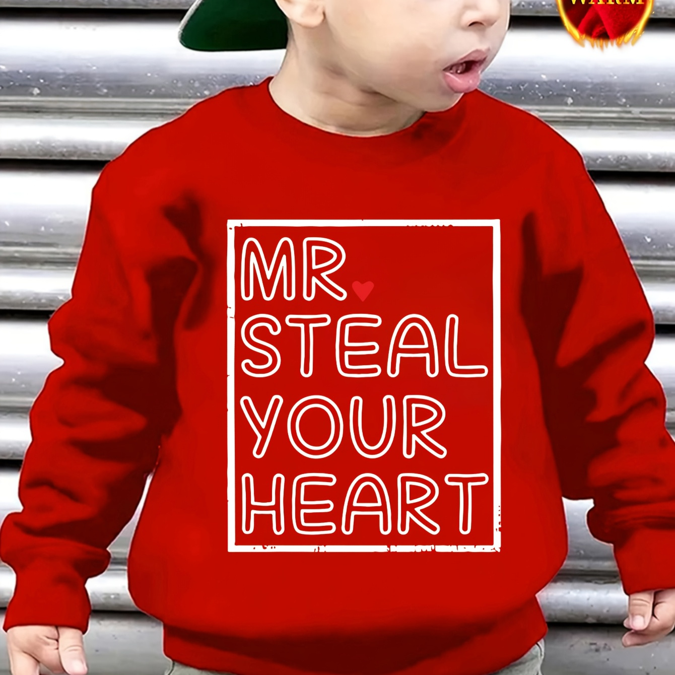 

1pc Chicfull Valentine's Day Red Crew Neck Sweatshirt For Boys, Mr Your Heart White Letter Print, Casual Polyester 100% Knit Fabric, Slight Stretch, Regular Fit, Warm Fleece-lined Pullover, Thick