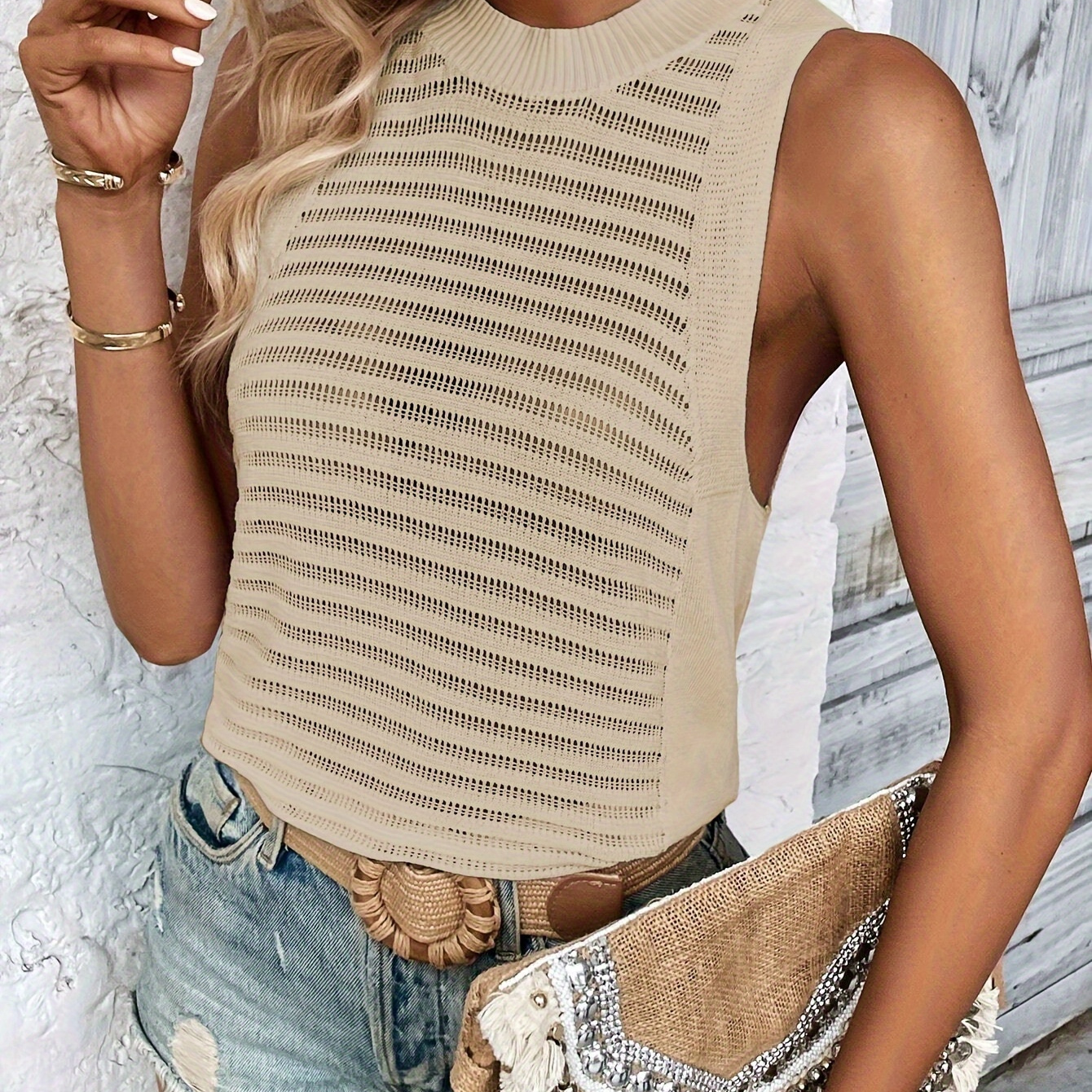 

Pointelle Knit Crew Neck Tank Top, Casual Sleeveless Tank Top For Summer, Women's Clothing
