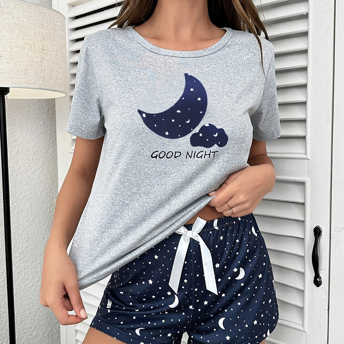 

Women's Casual Pajama Set, Polyester Knit Fabric With Elastane, Crew Neck Short Sleeve Top And Shorts, Print With , Comfortable Loungewear For All , Ladies Pajama Sets