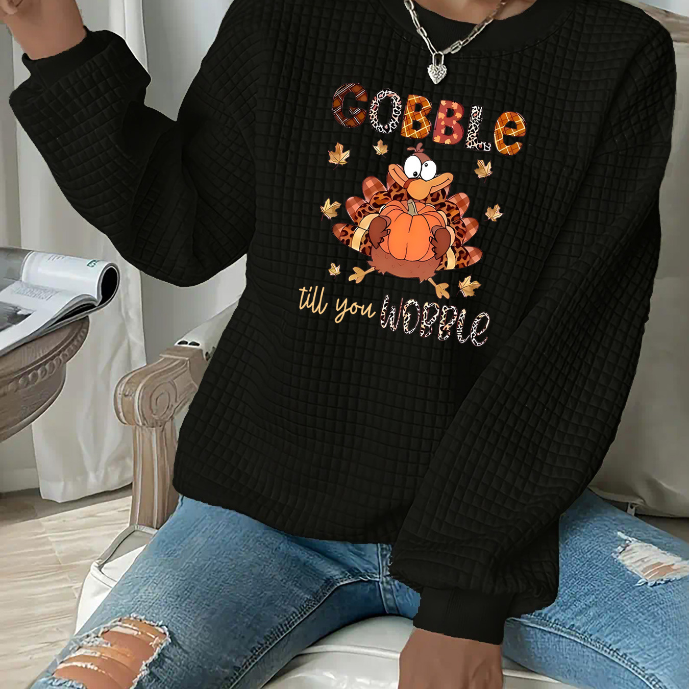 

Size Waffle-knit Sweatshirt With Thanksgiving Turkey Print - Casual Crew Neck Pullover For Women, Perfect For Fall & Winter