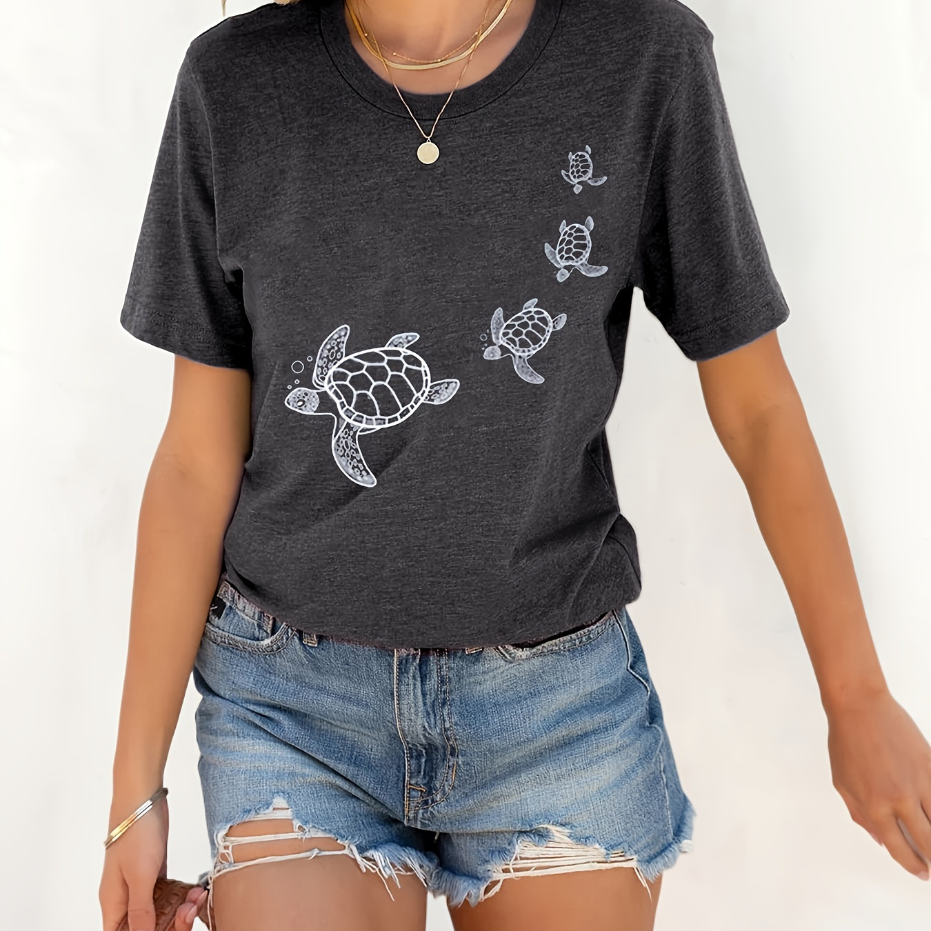 

Turtle Print Crew Neck T-shirt, Casual Short Sleeve Top For Spring & Summer, Women's Clothing