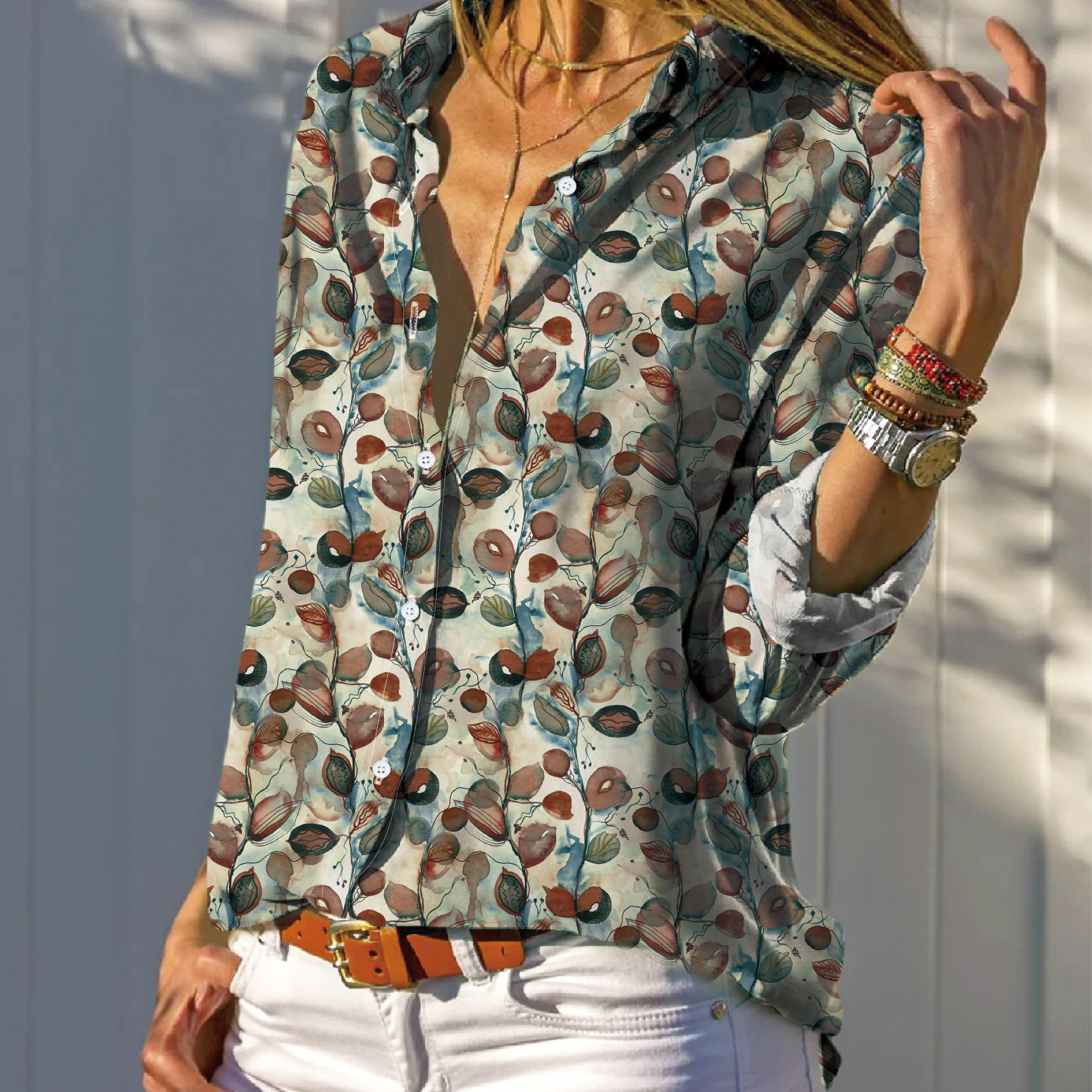 

Leaves Print Button Front Shirt, Casual Long Sleeve Shirt For Spring & Fall, Women's Clothing
