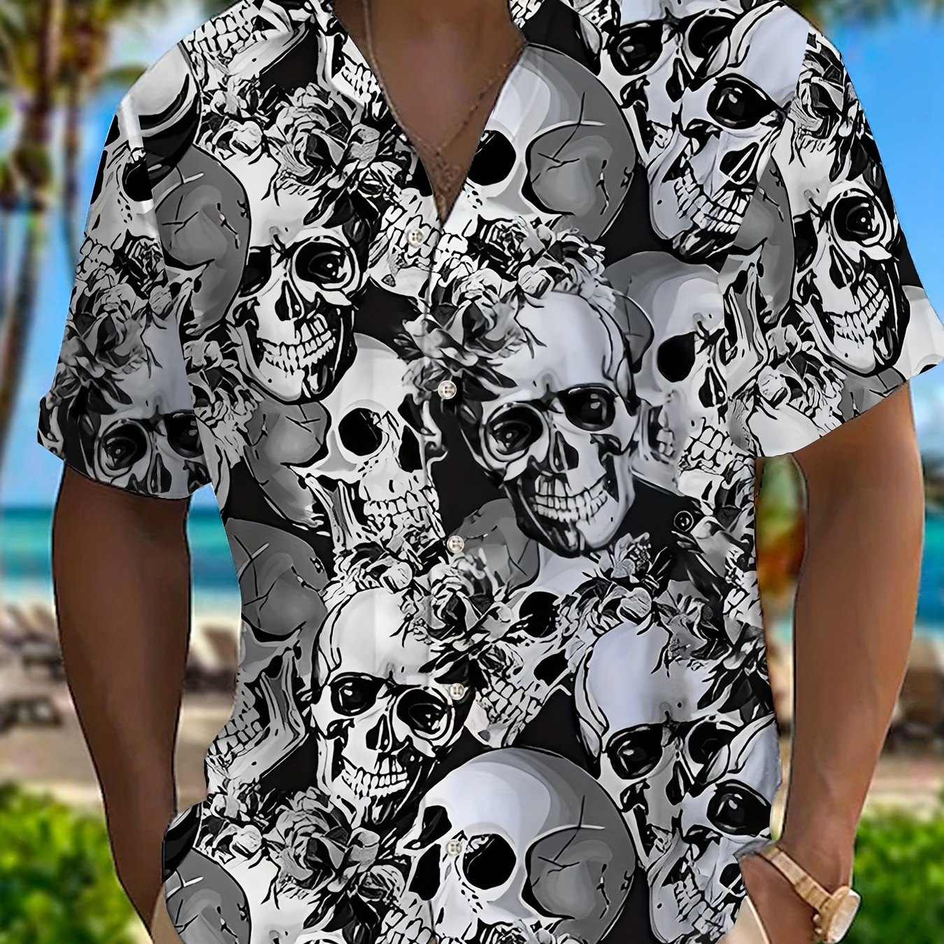 

Men's Cool Pattern Print Short Sleeve Lapel Shirt Top, Male Casual Button Up Shirt For Daily And Vacation Resorts Beach