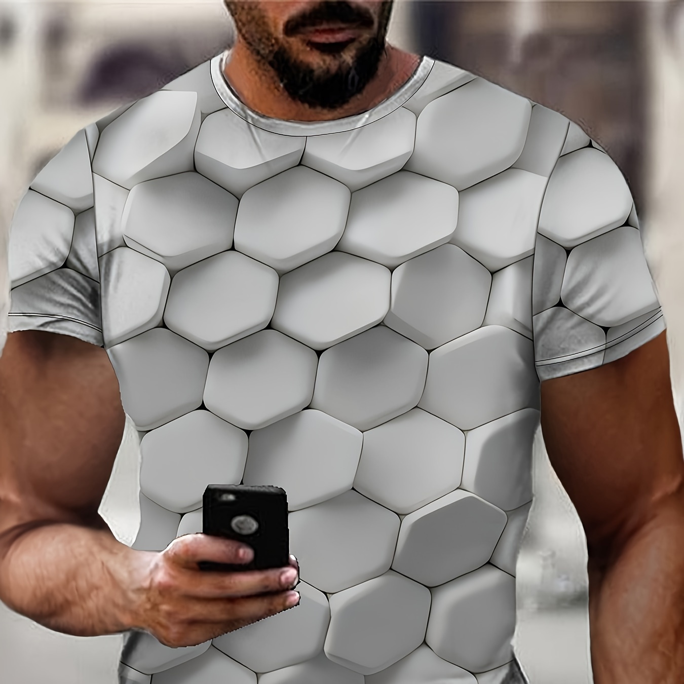 

Men' T-shirt, 3d Printed Diamond Hexagon Pattern, High- Casual Short Sleeve Top, Summer Outdoor Sportswear, Polyester , Regular Fit, Round Neck, Adult Sizes