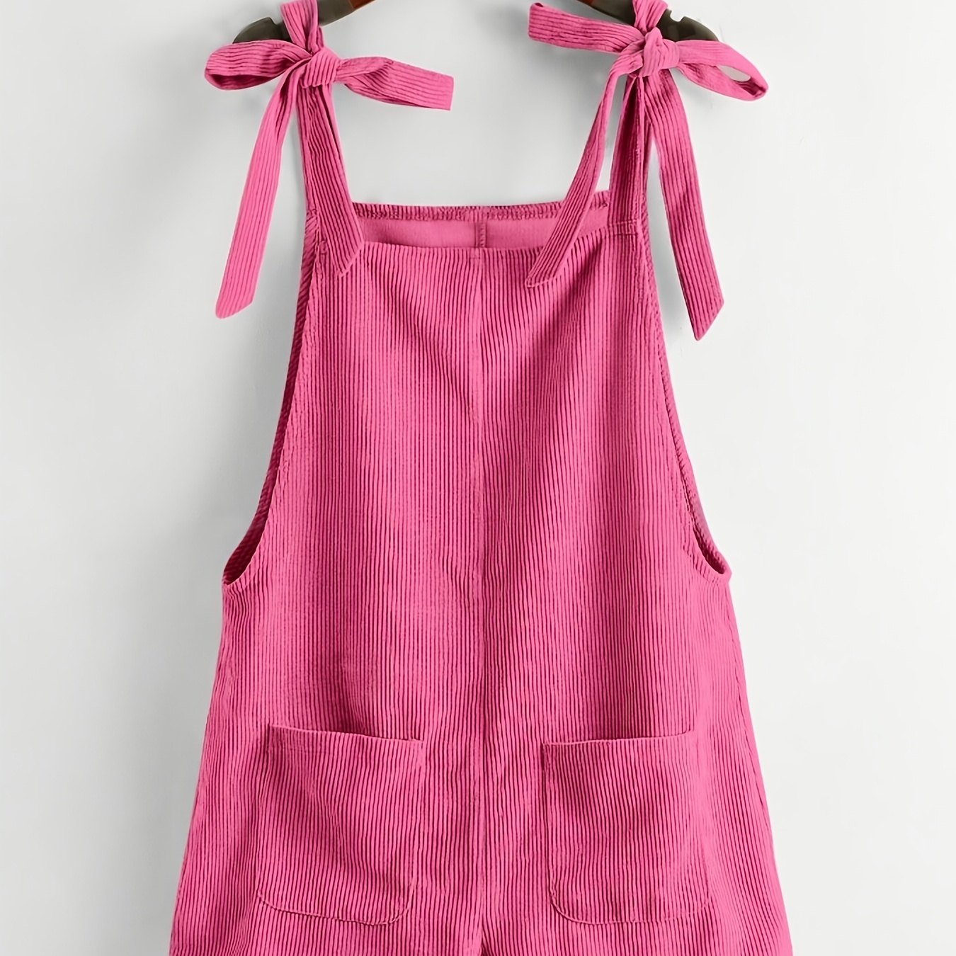 

Chic Pink Sleeveless Denim Overalls With Pockets - Casual Polyester Tie-waist Shorts, & Non-transparent, All , Denim Shorts