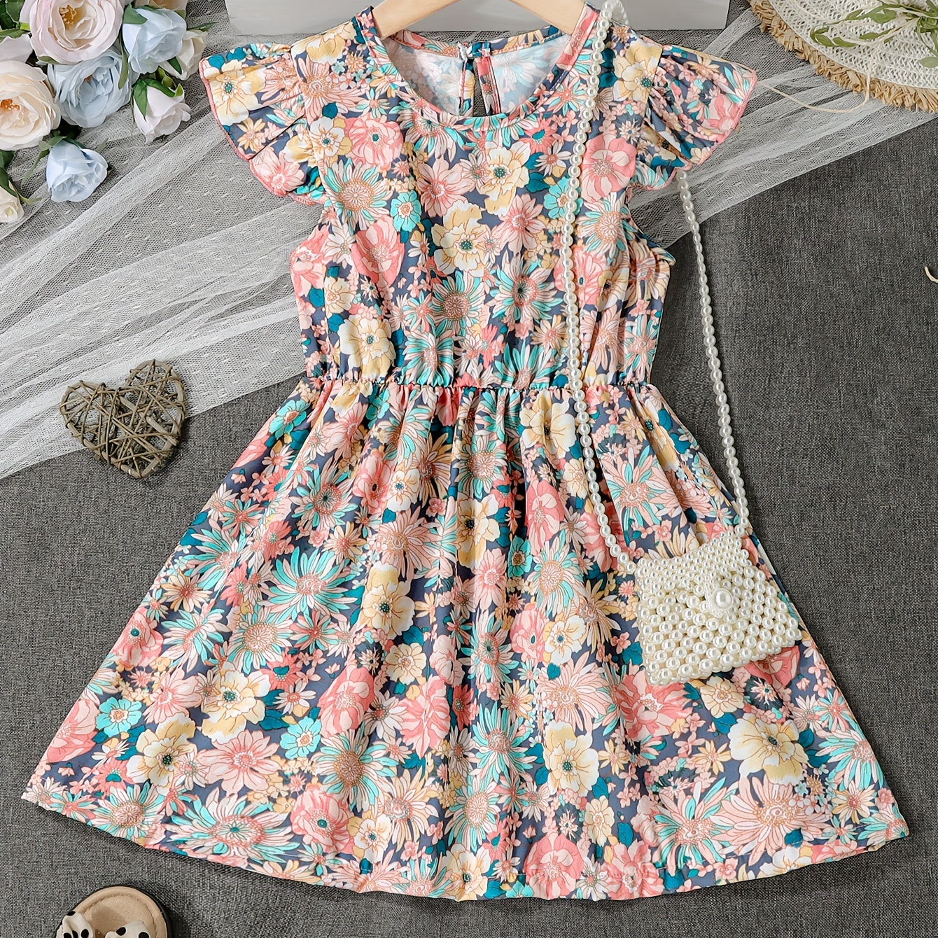 

Elegant Girls Flower Graphic Sleeveless Ruffle Trim Dress Summer Holiday Gift