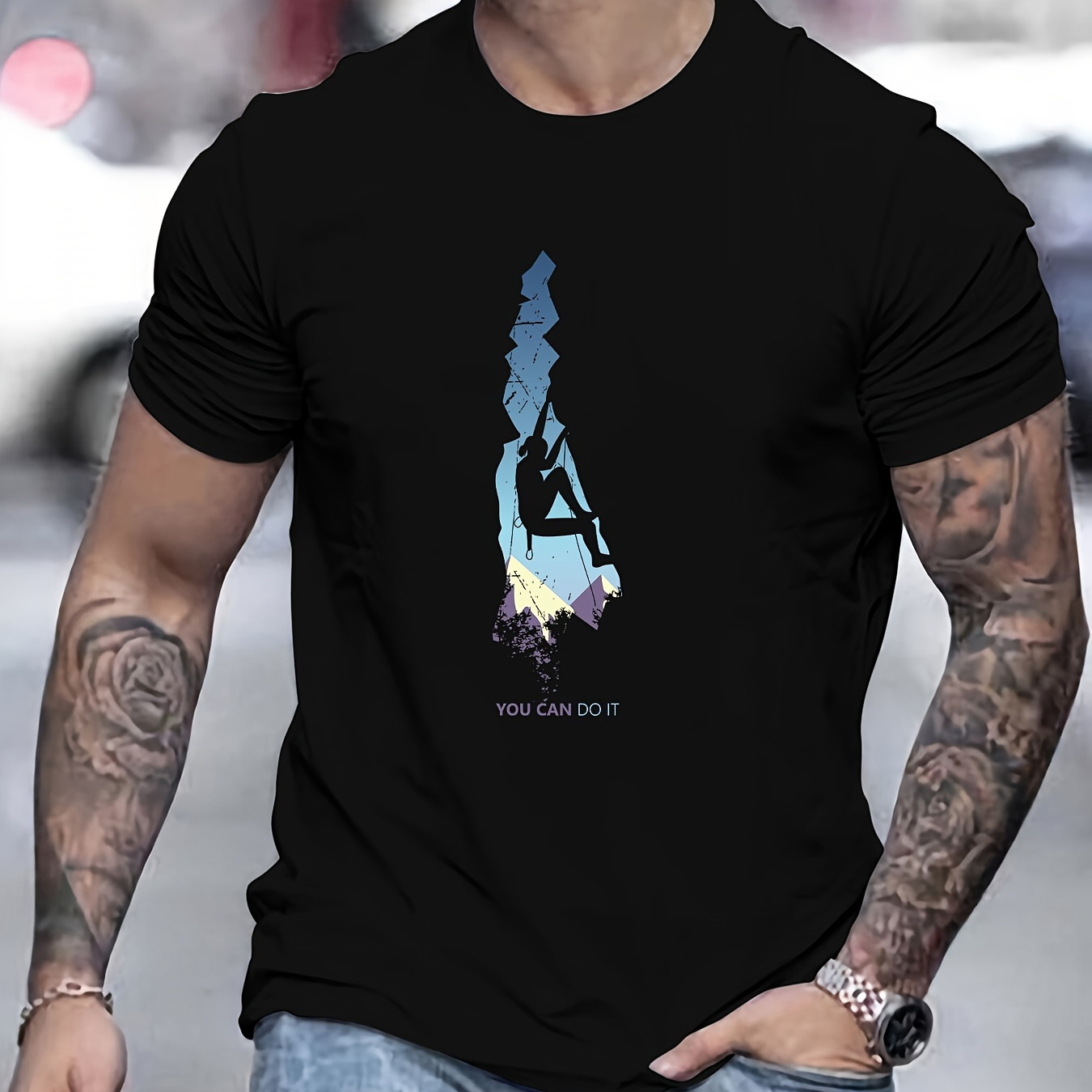 

Motif De Silhouette D'escalade T-shirt Pour Homme Pour L'été En Plein Air, Haut Décontracté Pour Homme