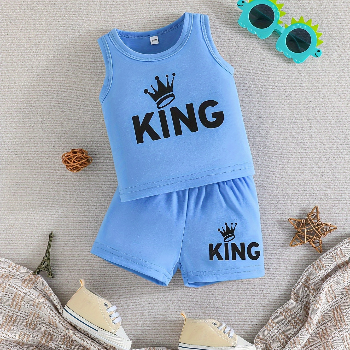 

Baby's "king" & Crown Print 2pcs Summer Casual Outfit, Tank Top & Shorts Set, Toddler & Infant Boy's Clothes