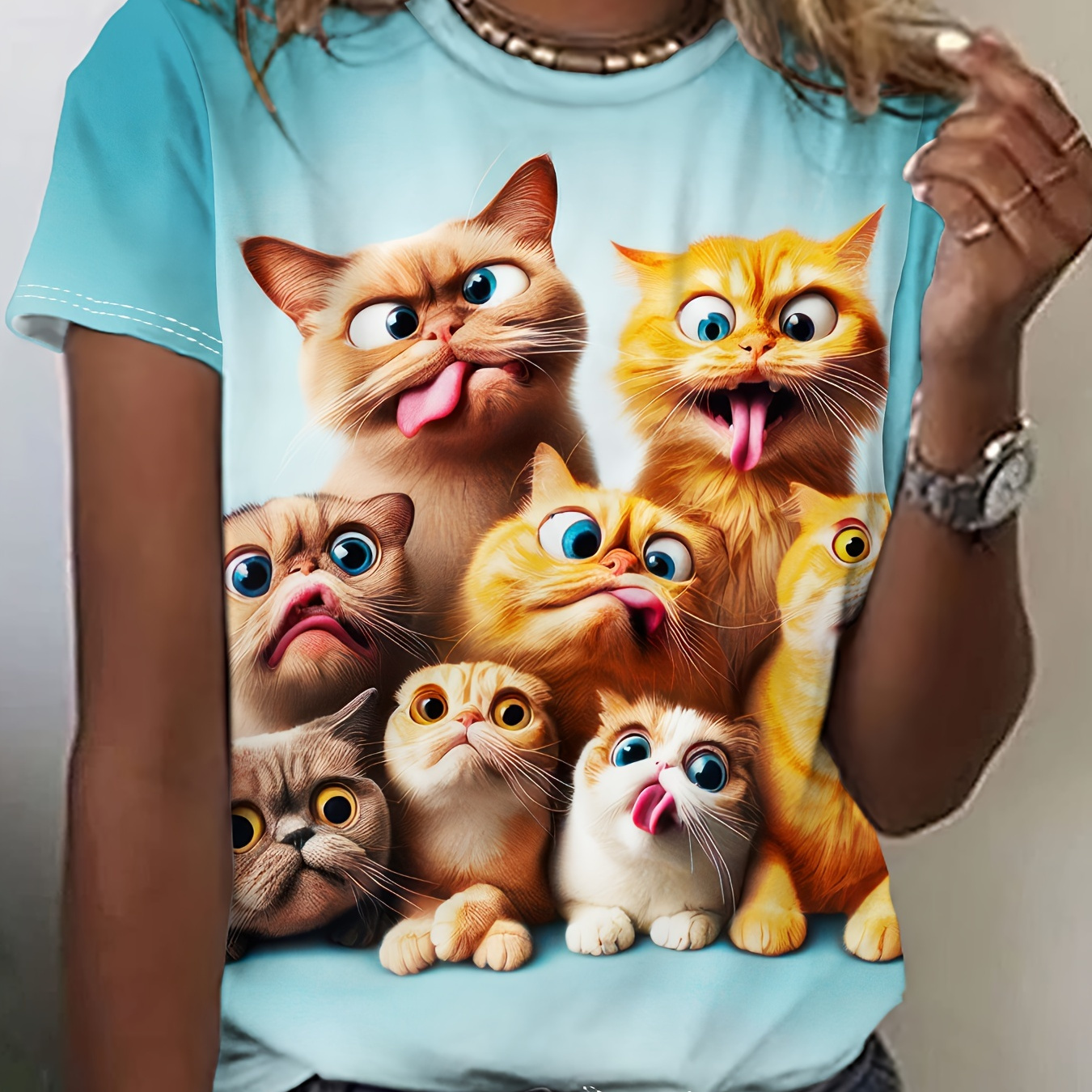 

Funny Cat Print Crew Neck T-shirt, Casual Ombre Short Sleeve T-shirt For Spring & Summer, Women's Clothing