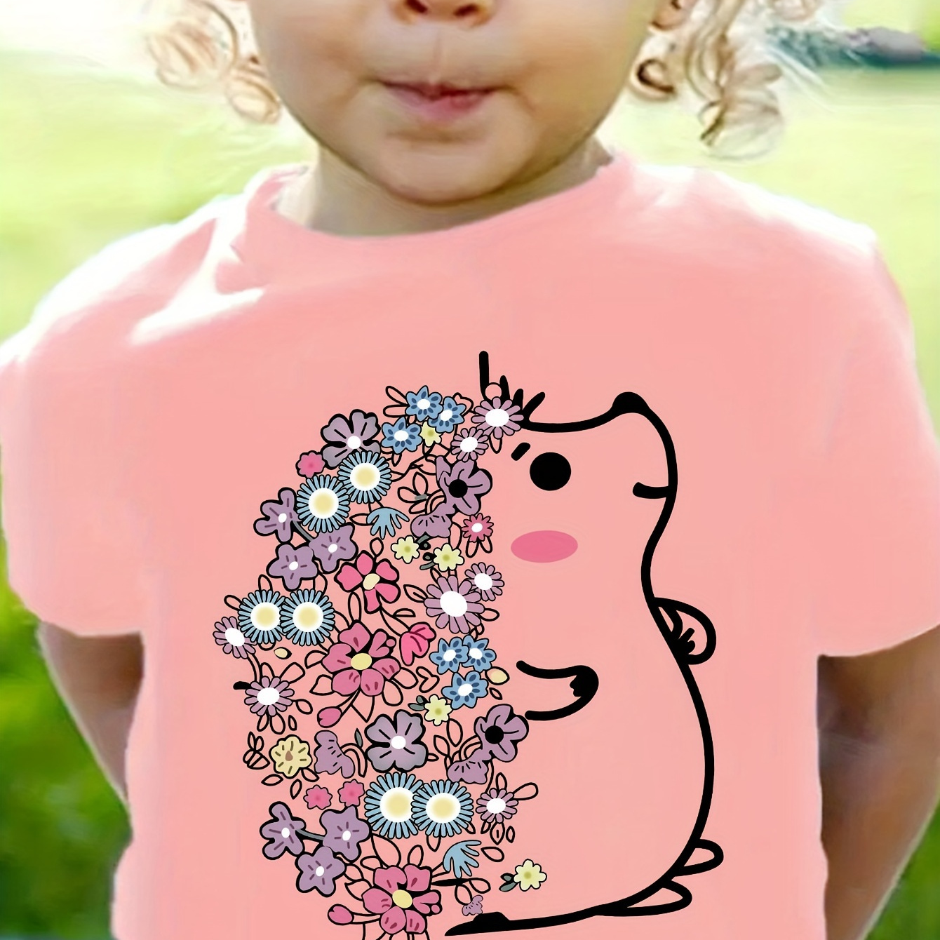 

Flower Hedgehog Print Short Sleeve T-shirt Pullover For Girls Summer Clothes Gift