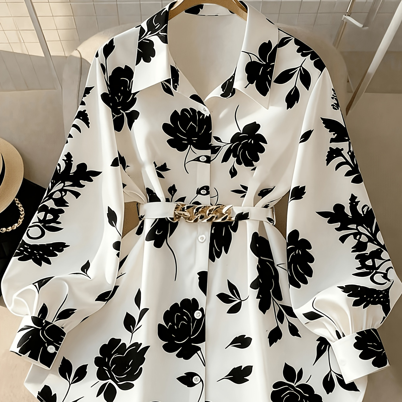 White & Black Floral Shirt Dress with Belt
