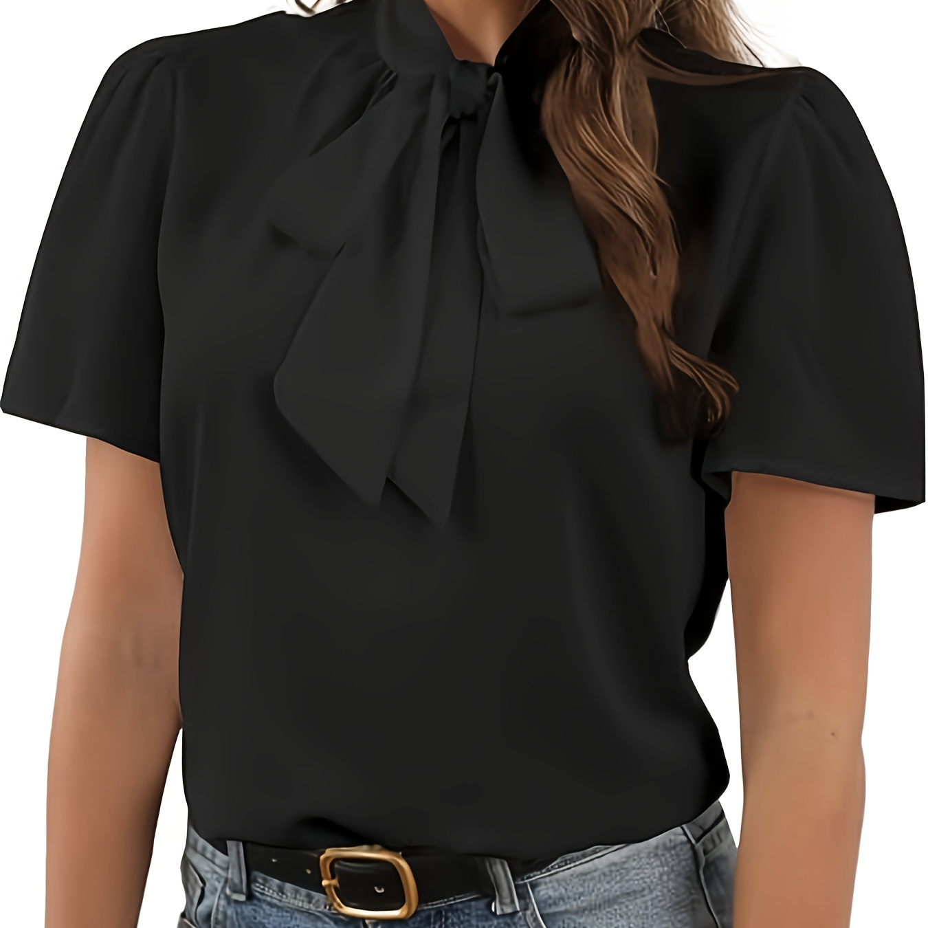 

Solid Tie Neck Blouse, Elegant Short Sleeve Blouse For Summer & Spring, Women's Clothing