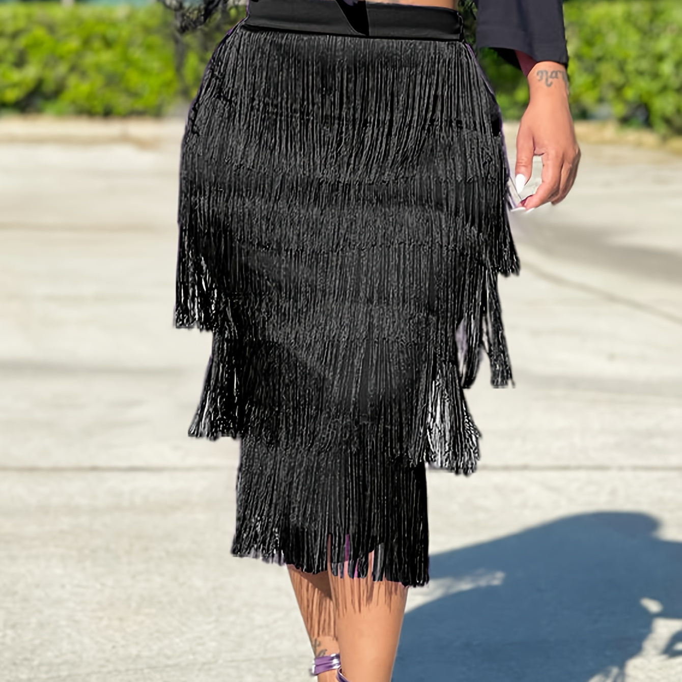 

Elegant Style | Women's Elegant Black Tassel Skirt - Stylish Flowy Midi With High-waisted Design, Spring/summer Fashion Events, High Waisted Skirt