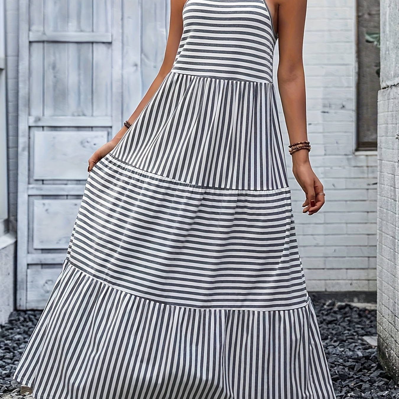 

Striped Spaghetti Strap Dress, Vacation Style Sleeveless Tiered Hem Maxi Cami Dress For Spring & Summer, Women's Clothing