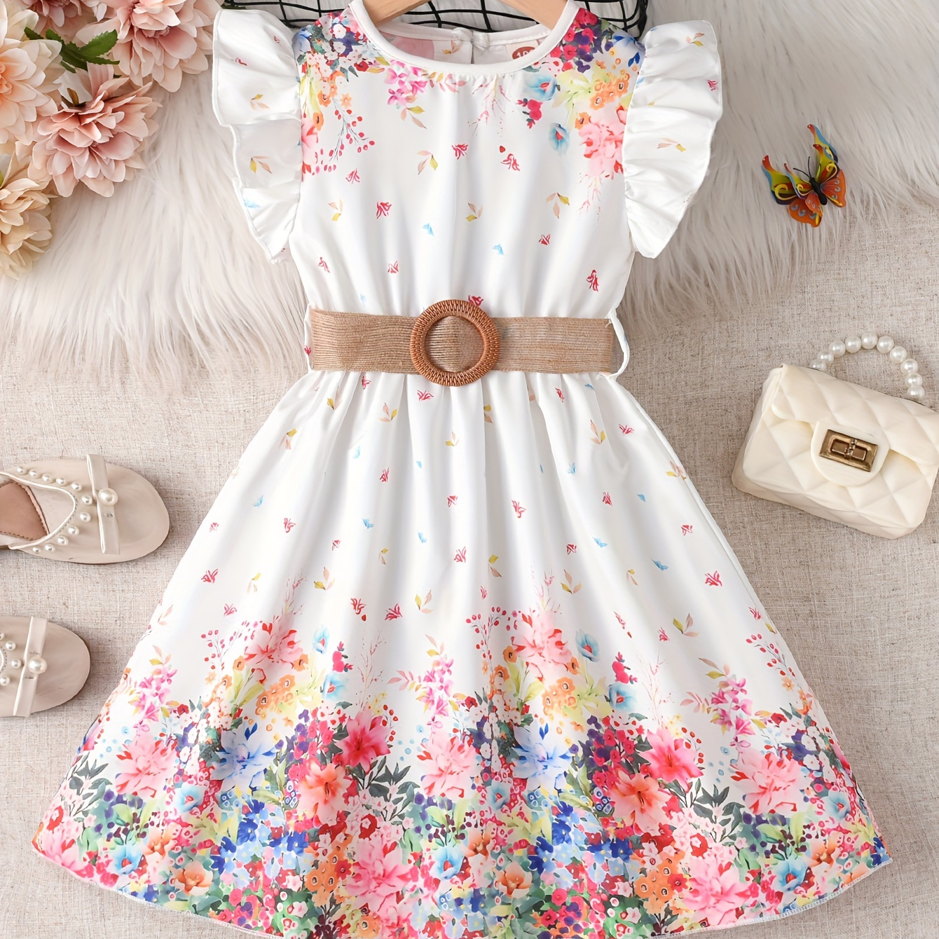 

Young Girl's Dreamy Floral Princess Dress With Flutter Sleeves, Casual Dress With Belt