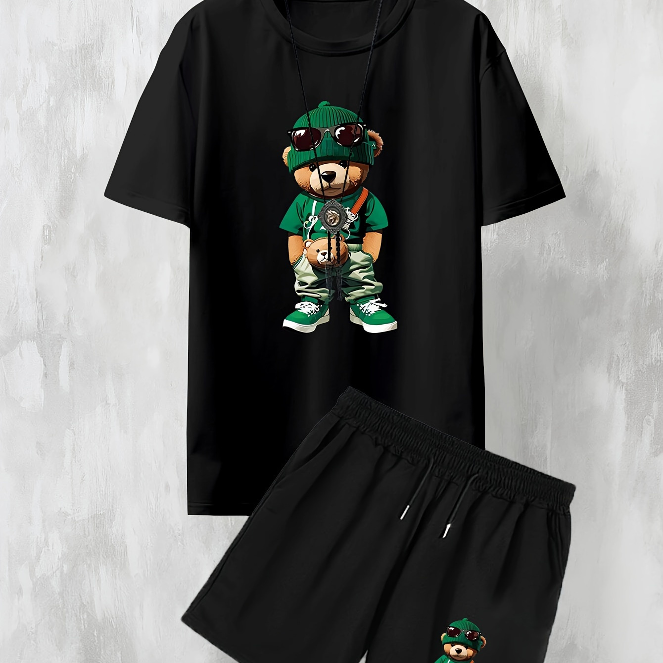 

2pcs Boys Casual Cool Bear Print Comfortable Versatile Short Sleeve T-shirt & Shorts Set, Lightweight And Comfy Summer Clothes Set