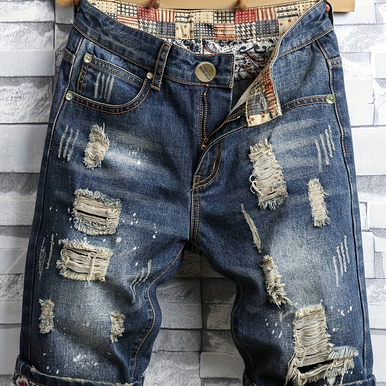 

1pc Men'- Distressed , Mid-length Bermuda , Non-stretch , , Regular Summer