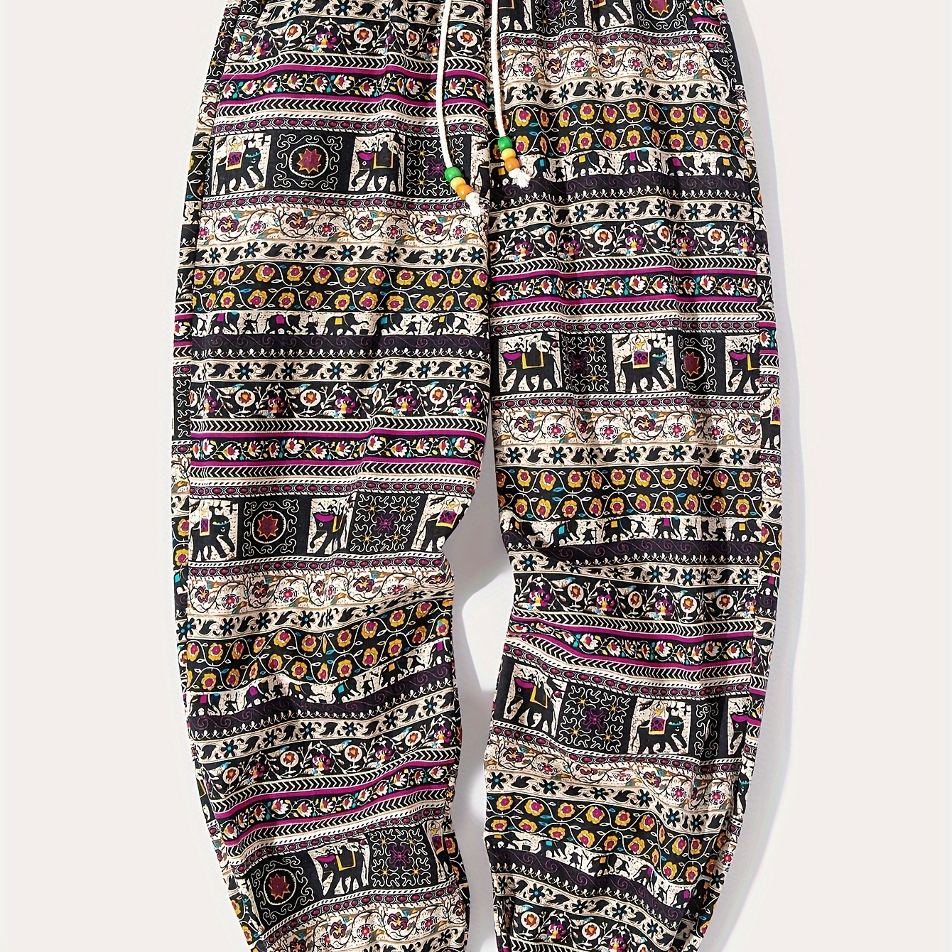 

Men's 100% Cotton Loose Ethnic Print Pants With Pockets, Casual Drawstring Joggers For Outdoor Activities Gift