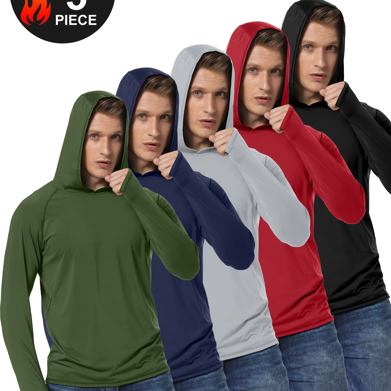 

5pcs Men's Quick Dry Hooded T-shirts - 100% Polyester, Solid Color, Non-stretch Fabric For Running, Fishing & Outdoor Activities - Regular Fit, Machine Washable, Hovsiyla