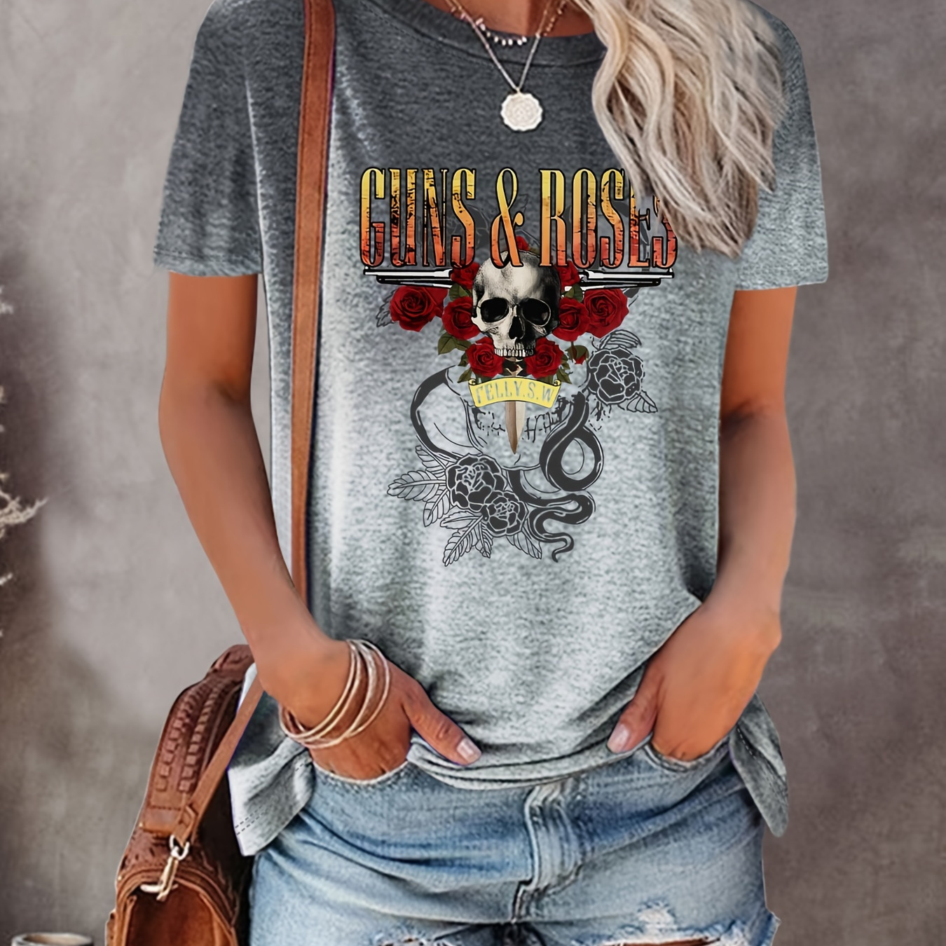 

Skull Print Crew Neck T-shirt, Casual Short Sleeve T-shirt For Spring & Summer, Women's Clothing
