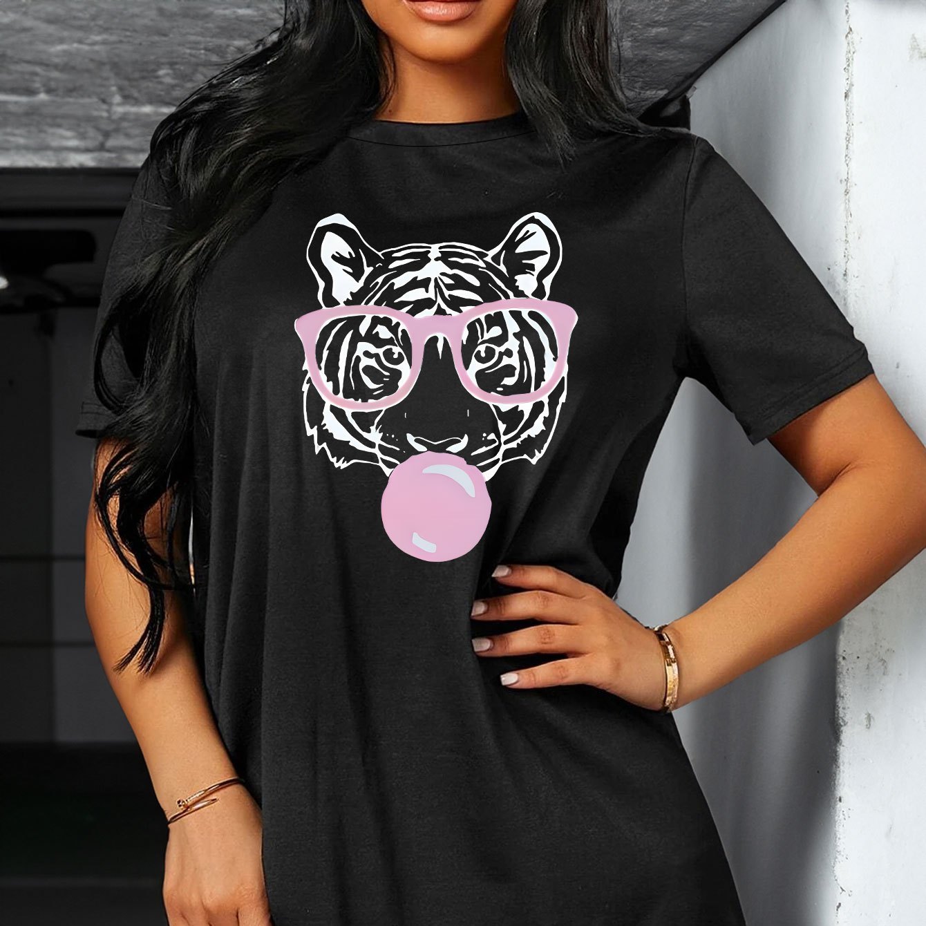 

Tiger Print T-shirt Dress, Short Sleeve Crew Neck Casual Dress, Women's Clothing
