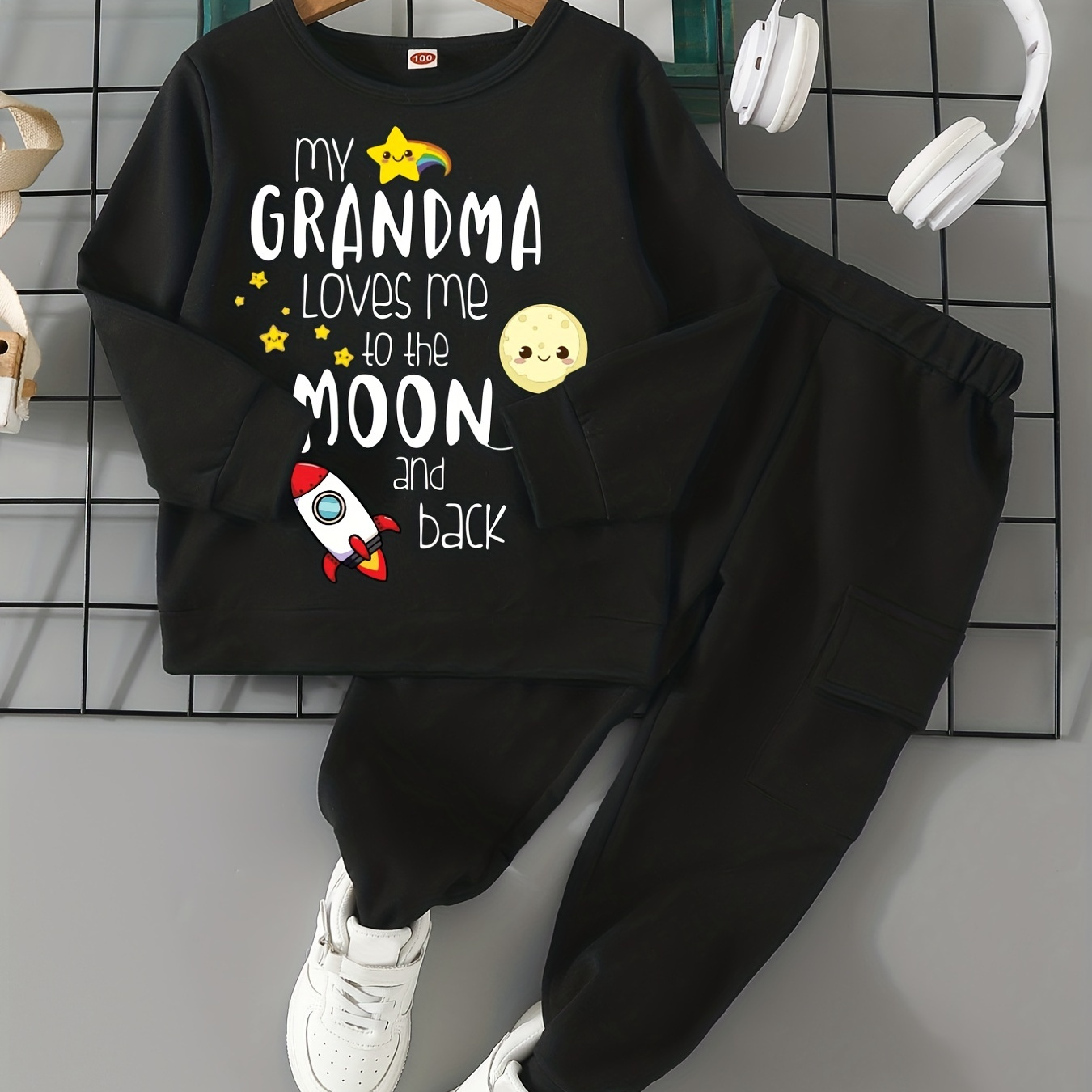 

2pcs Boy's Grandma Loves Me Print Outfit, Sweatshirt & Cargo Pants Set, Toddler Kid's Clothes For Spring Fall Outdoor