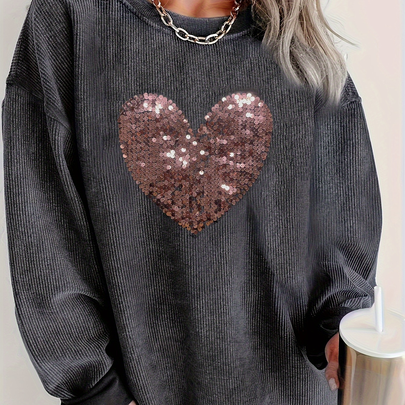 

Heart Print Pullover Sweatshirt, Casual Long Sleeve Crew Neck Sweatshirt For Fall & Winter, Women's Clothing, Valentine's Day