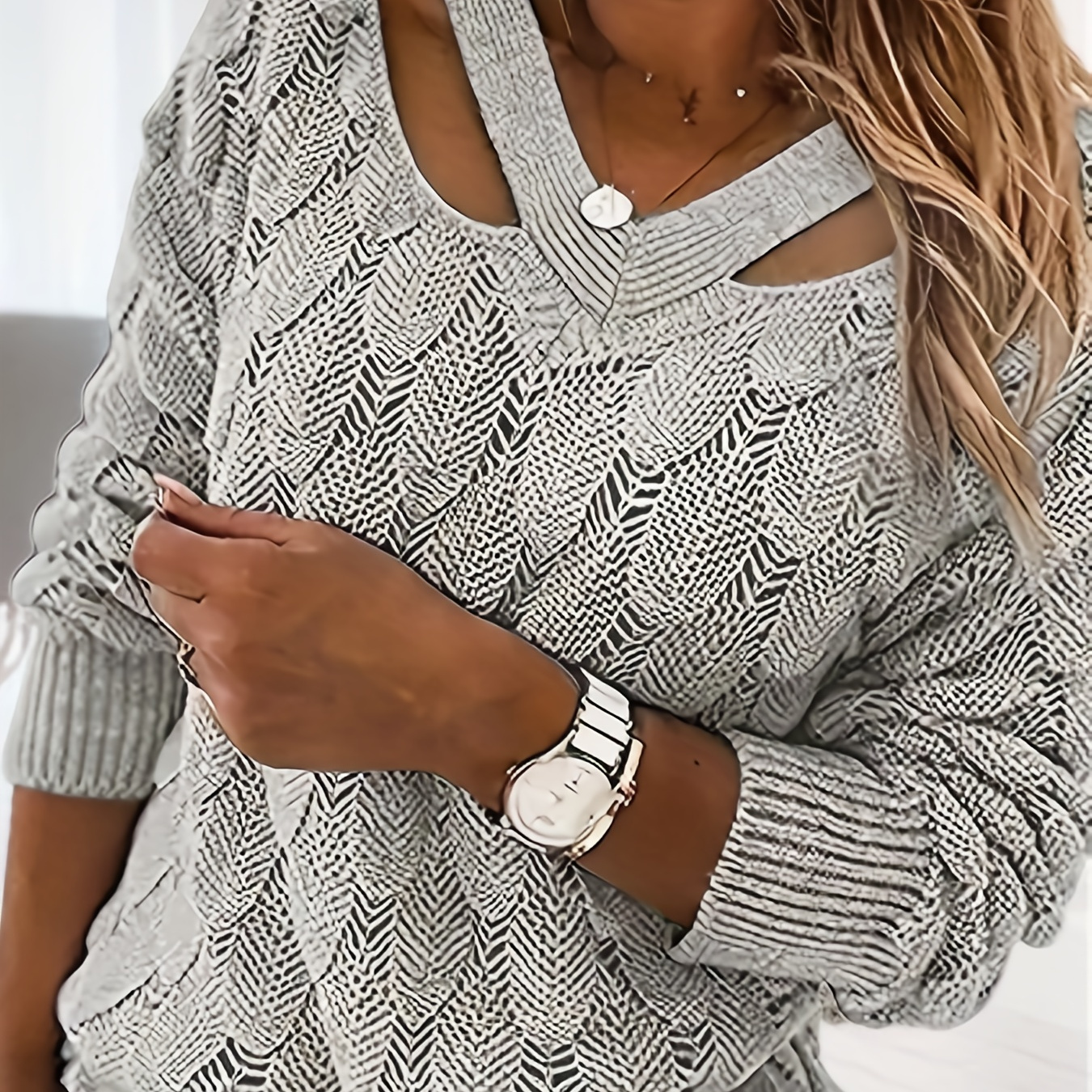 

Cut Out Solid Knit Sweater, Casual V Neck Long Sleeve Sweater, Women's Clothing