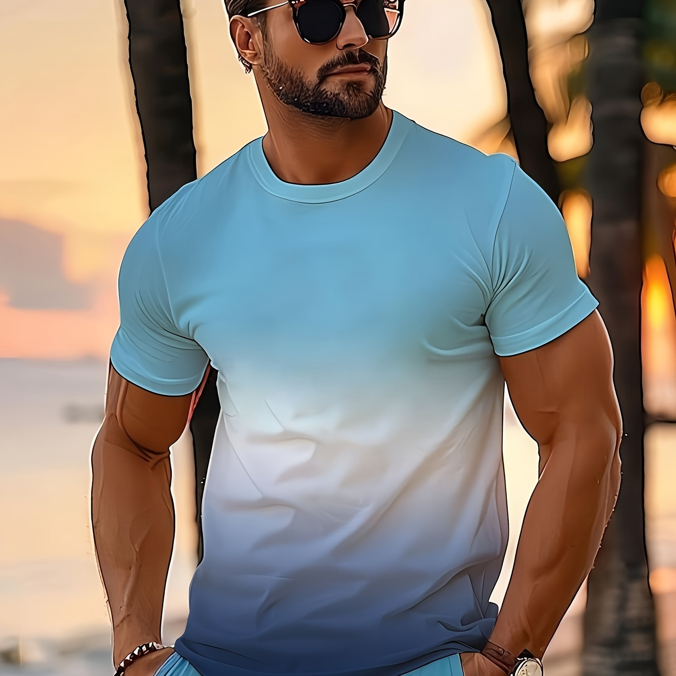 

Men's Gradient Color T-shirt, Casual Short Sleeve Crew Neck Tee, Men's Clothing For Summer Outdoor