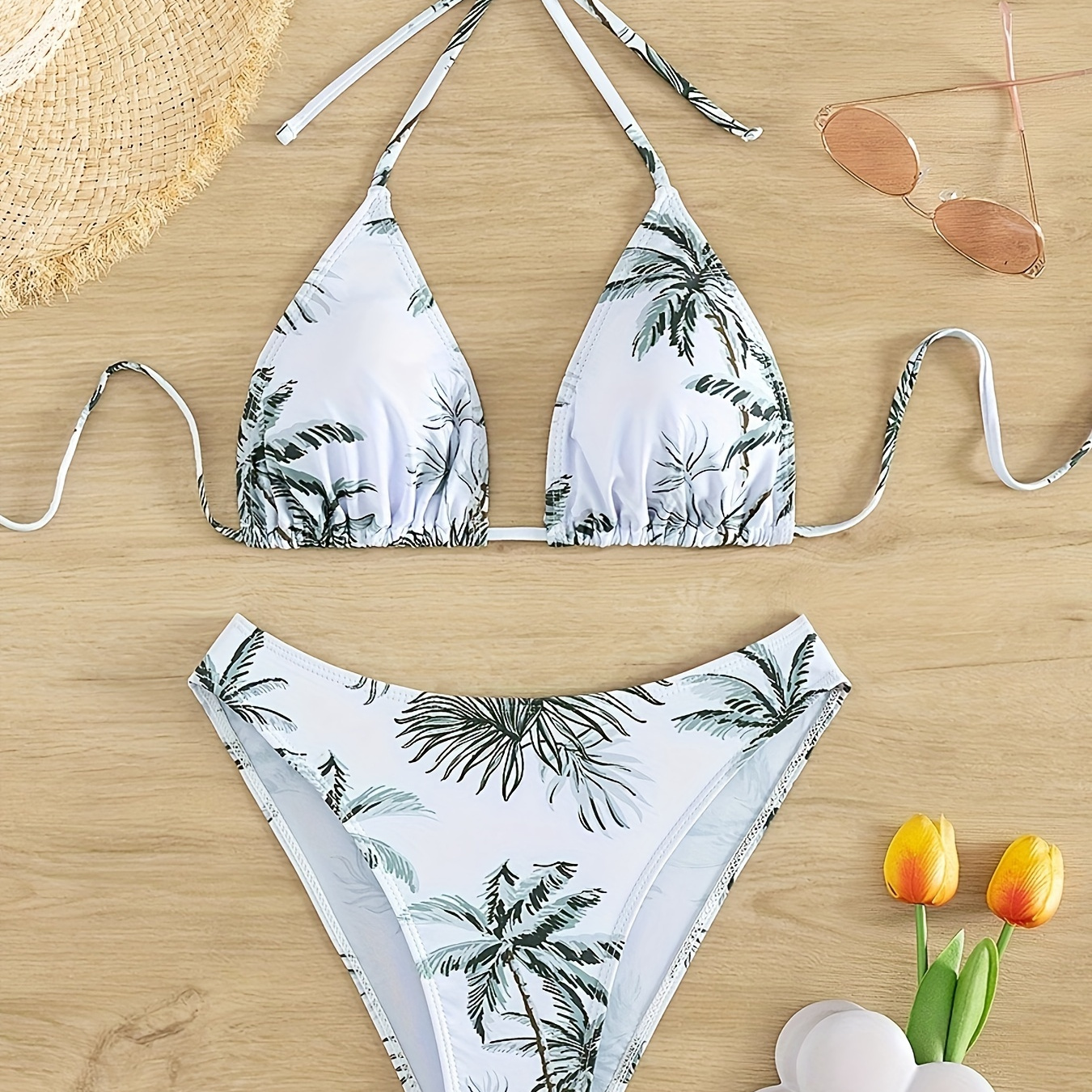 

Ensemble bikini imprimé palmier tropical, maillot de bain pièces avec haut à dos nu à et bas échancrés, maillot de bain pour femmes, vêtements de plage, mode d'été