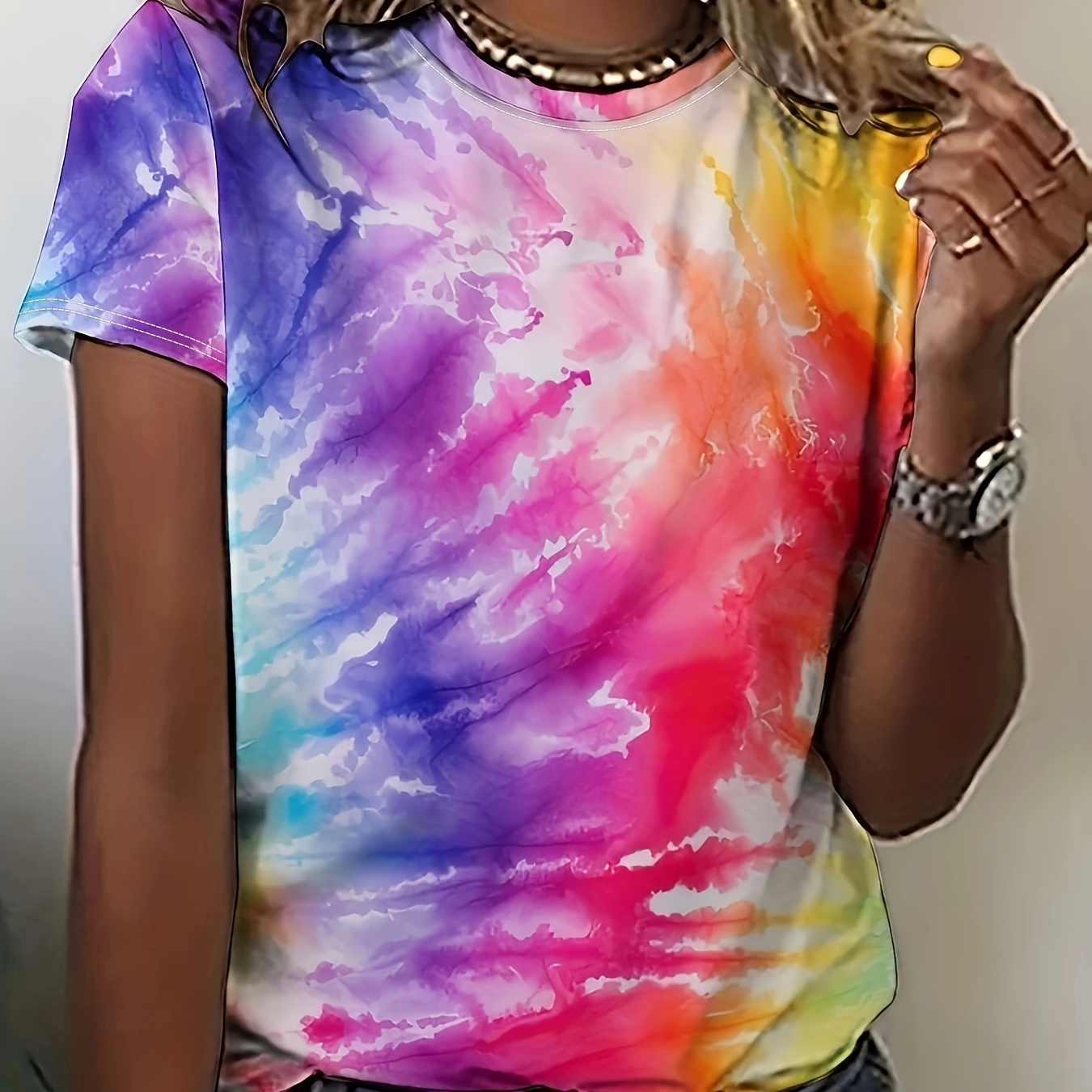 

Tie Dye Print Crew Neck T-shirt, Casual Short Sleeve T-shirt For Spring & Summer, Women's Clothing