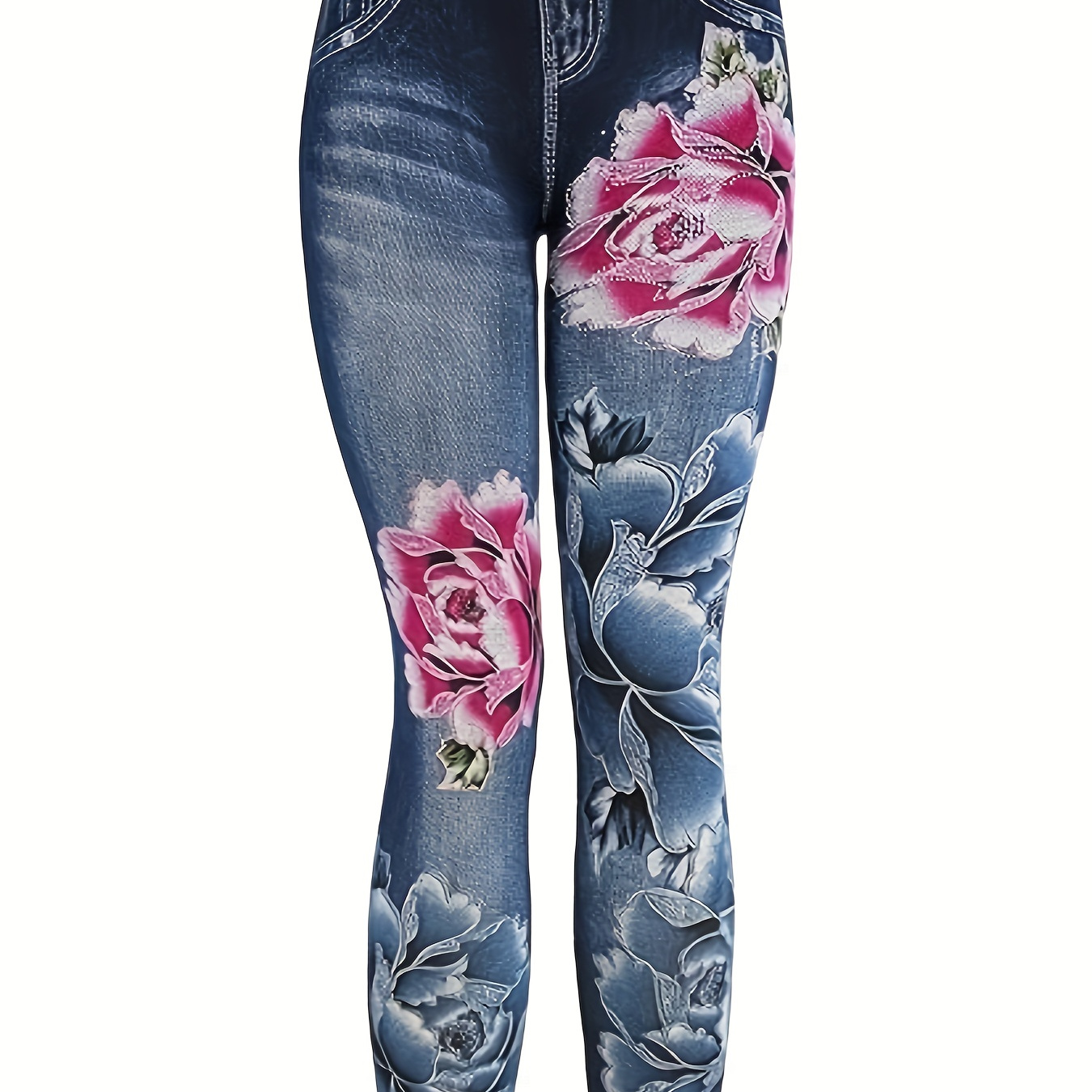 

Women's High-waist Stretchy Floral Print Leggings - Denim, Casual & Comfortable, Machine Washable