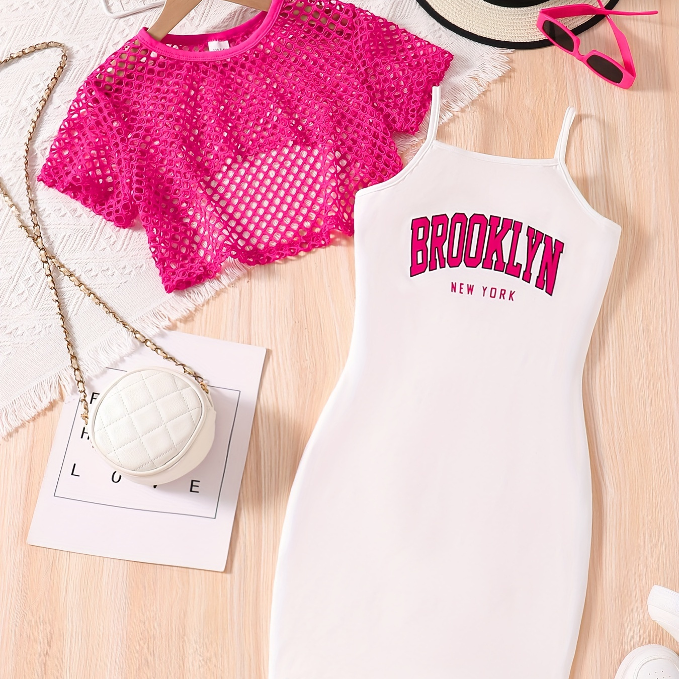 

Brooklyn Print Girls Set, Mesh Cover-up Tee + Letter Cami Dress, Spring/ Summer Clothes, Casual Outdoor, Party, Gift