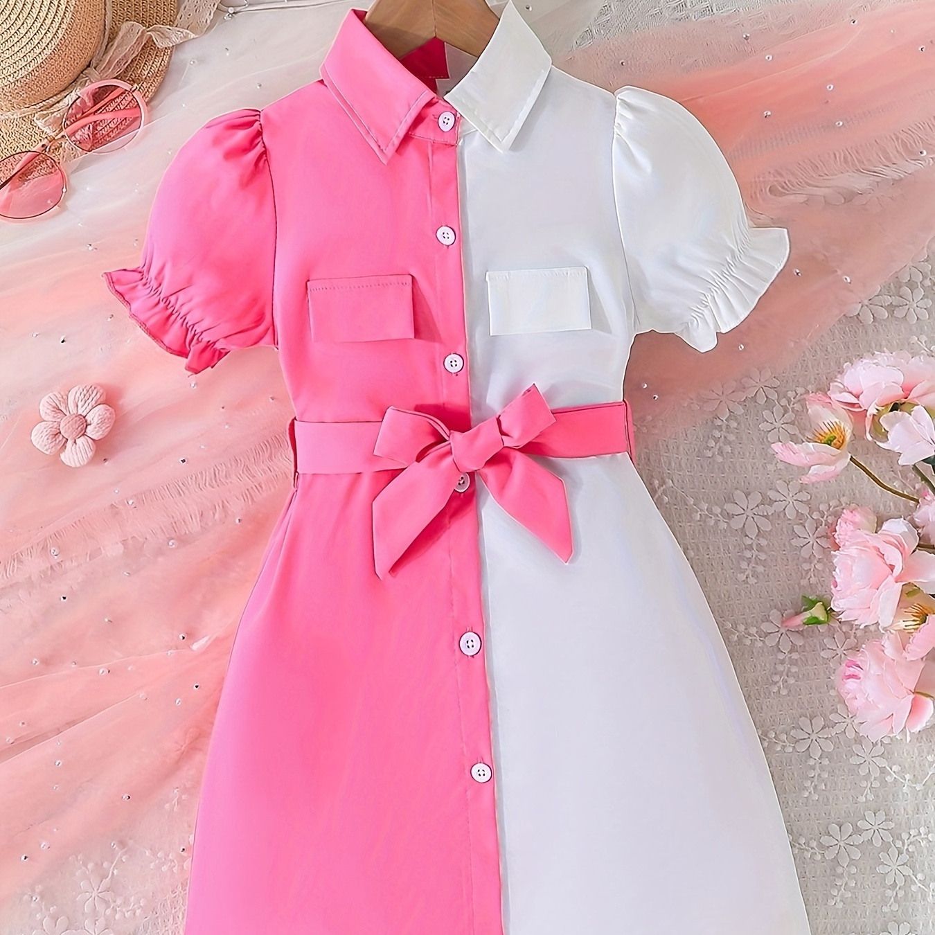 

Girls Elegant Patchwork Short Sleeve Collar Shirt Dress Casual Party Dresses