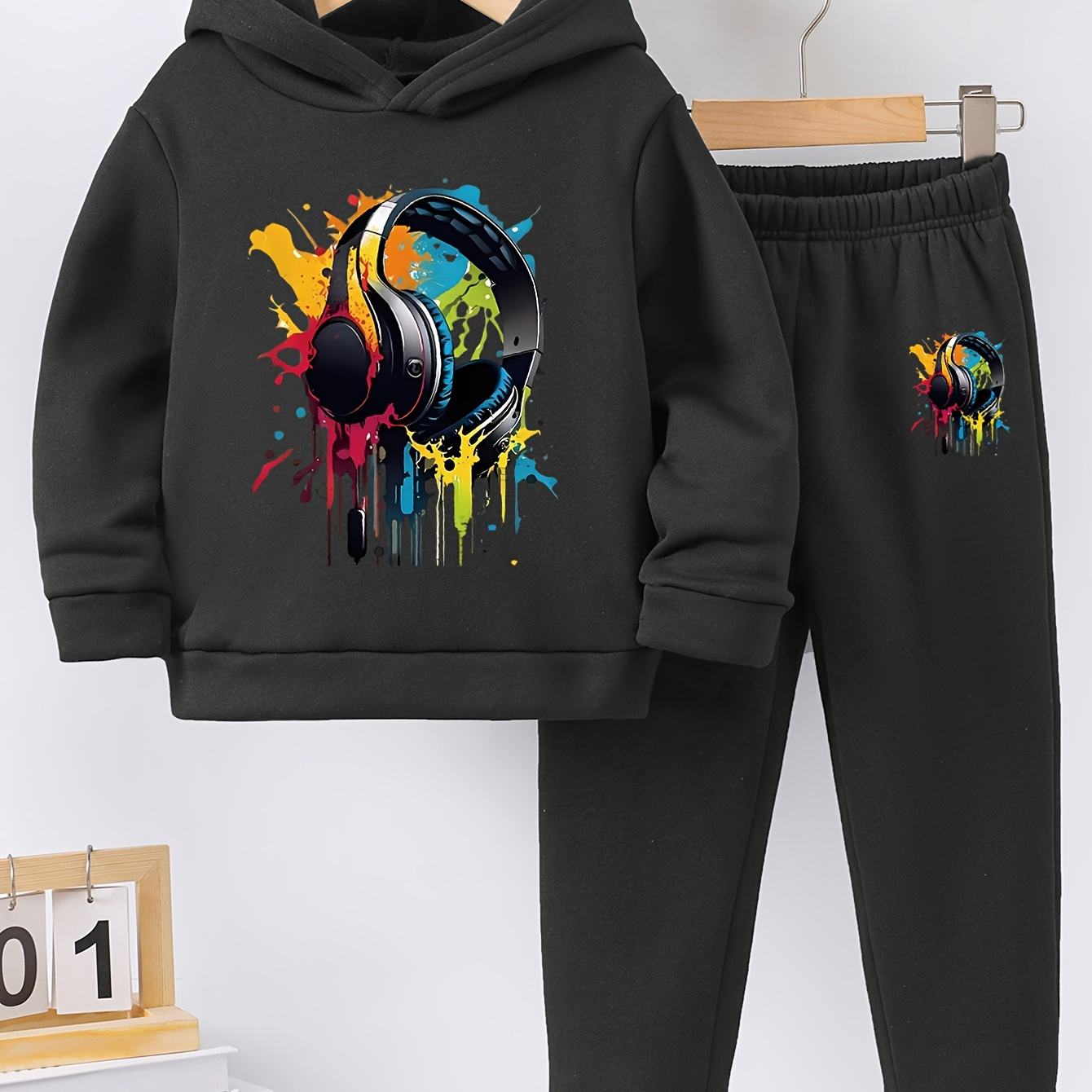 

2pcs Boy's Colorful Headphone Print Hooded Outfit, Hoodie & Pants Set, Kid's Clothes For Fall Winter, As Gift