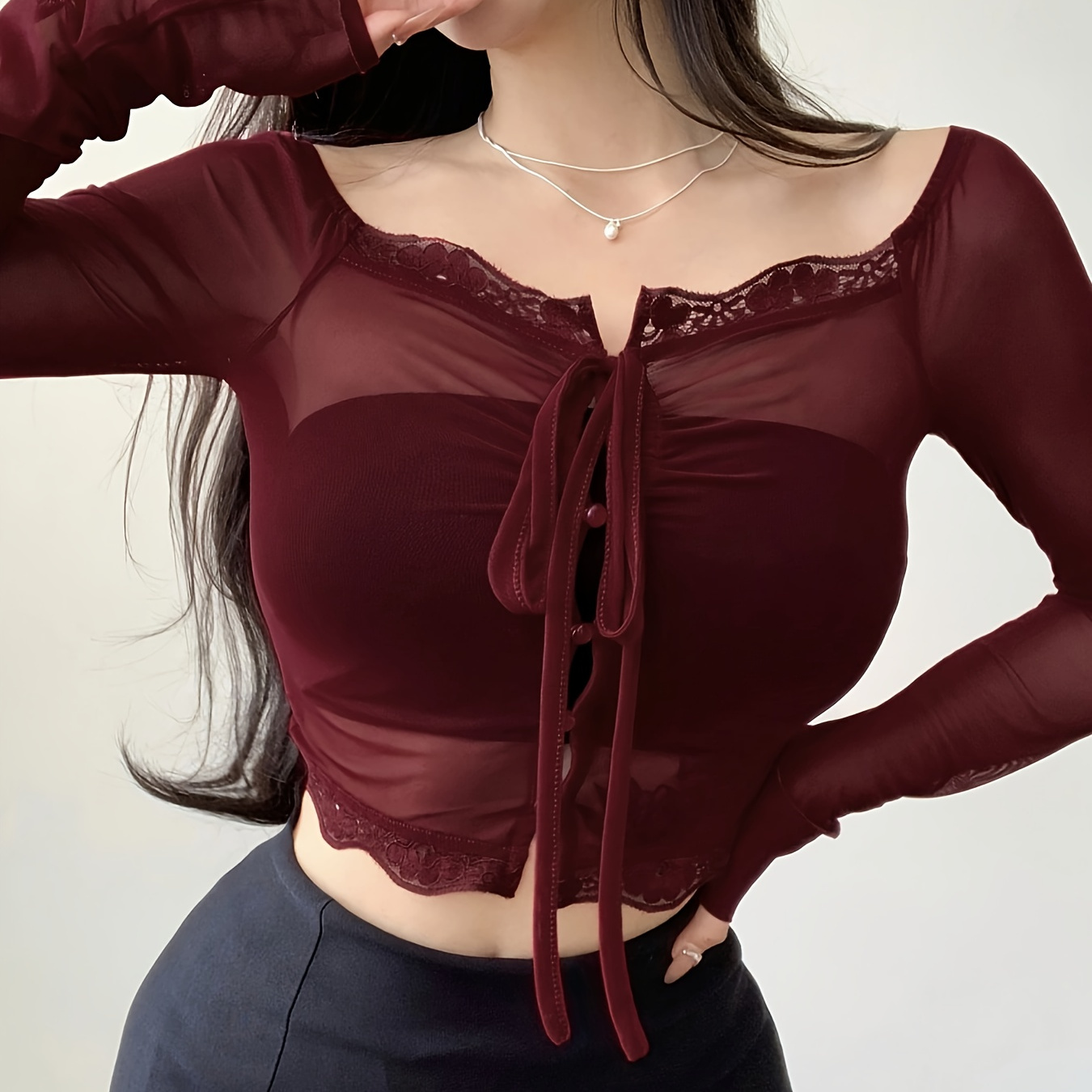 

Guipure Lace Off Shoulder T-shirt, Sexy Sheer Mesh Long Sleeve T-shirt For Spring & Summer, Women's Clothing