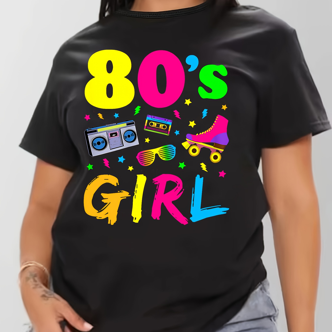 

Women's Retro 80's Print Casual Tee, T-shirt With Colorful Music & Roller Skate Print, Comfortable Short Sleeve Top For Music Festival & Everyday Wear