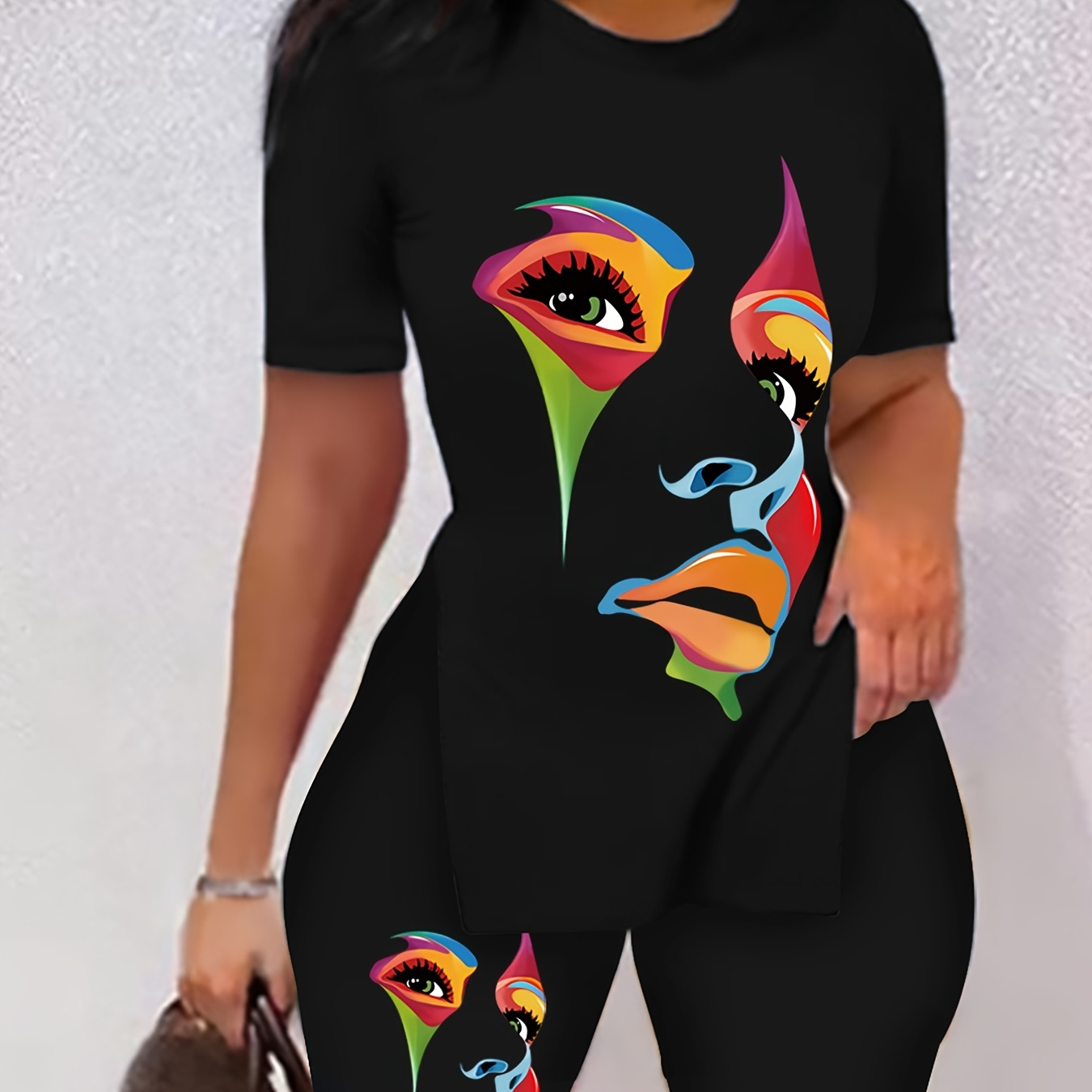 

Graphic Print Two-piece Set For Spring & Summer, Short Sleeve Crew Neck Side Split Casual T-shirt & Shorts For Spring & Summer, Women's Clothing